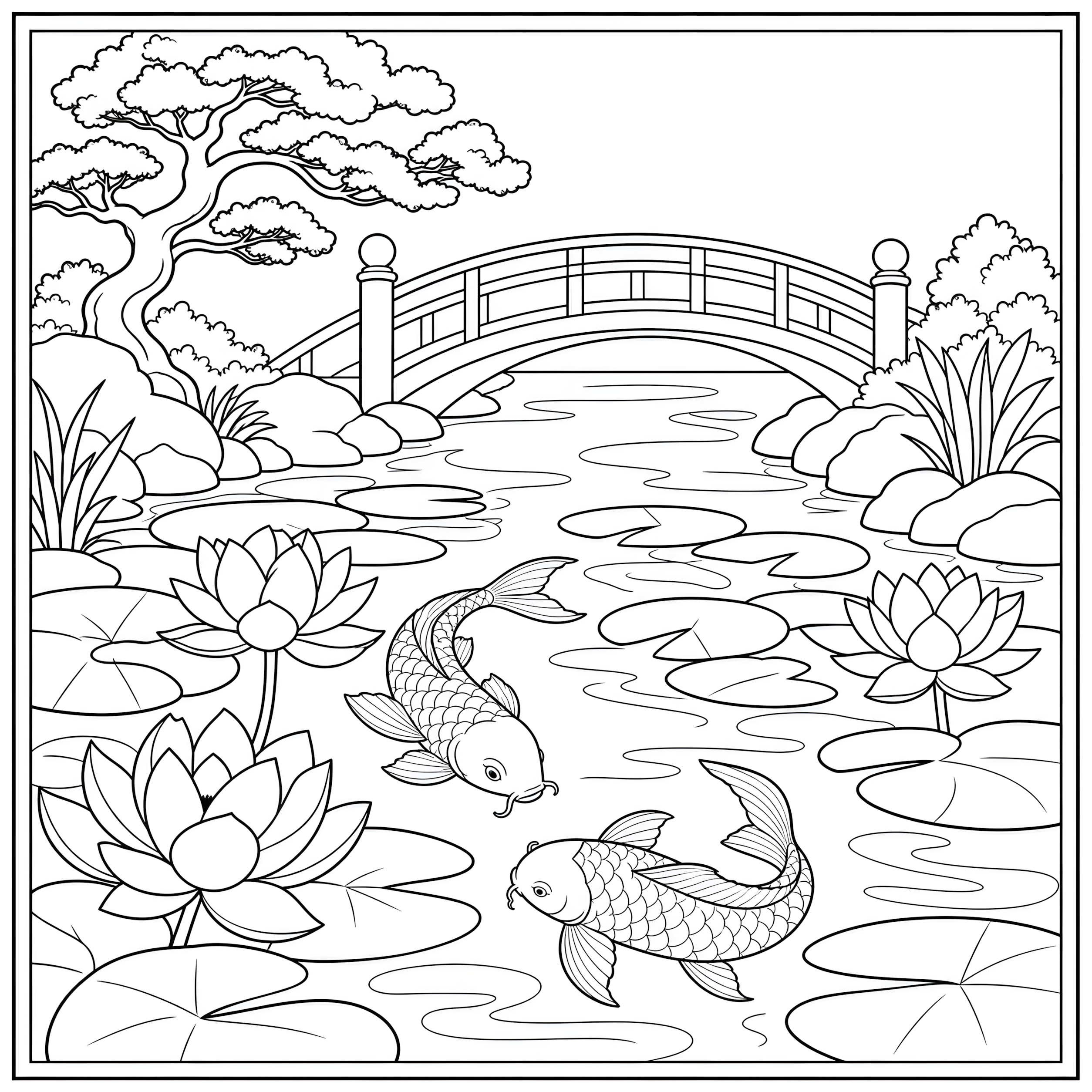 Koi fish pond with ripples coloring page