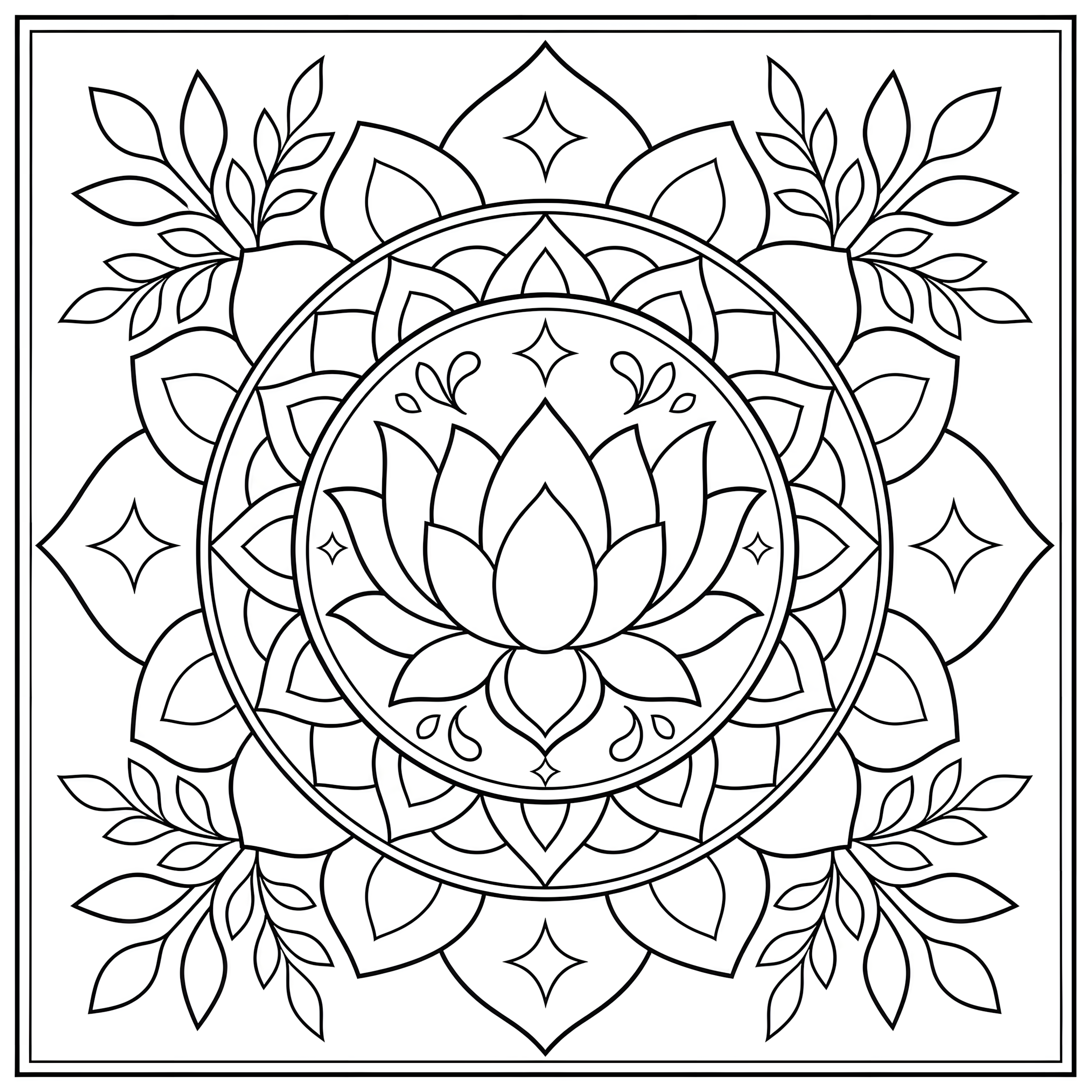 Lotus mandala with bold geometric rings coloring page