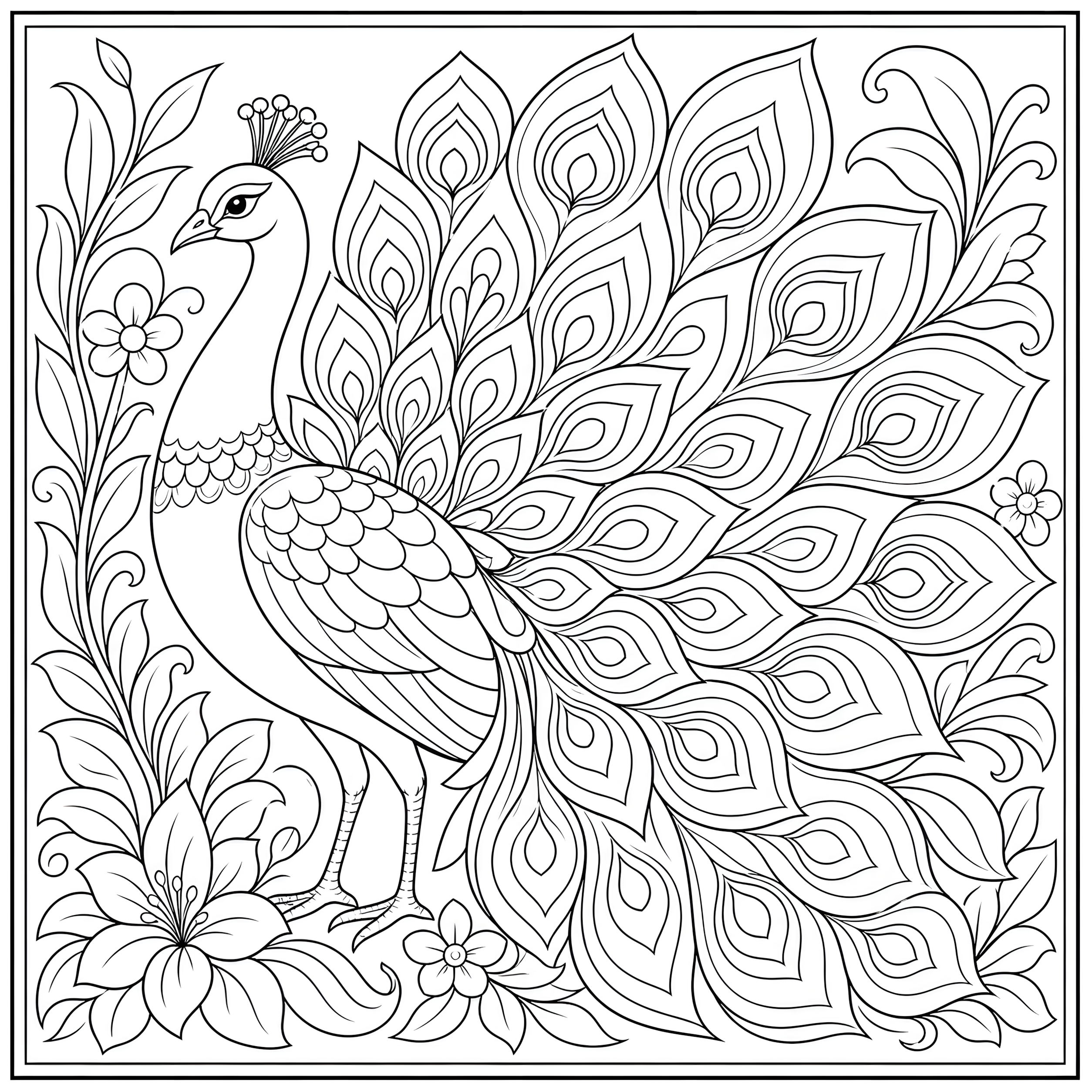 Ornate peacock with detailed feathers coloring page