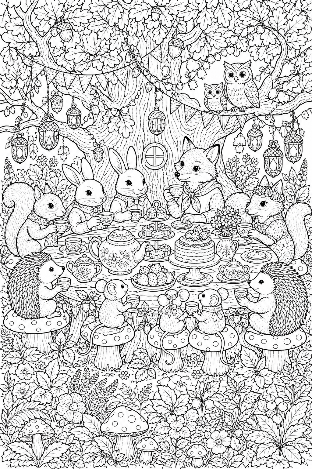 Woodland tea party detailed coloring page with squirrels, hedgehogs, and a fox around a laden table