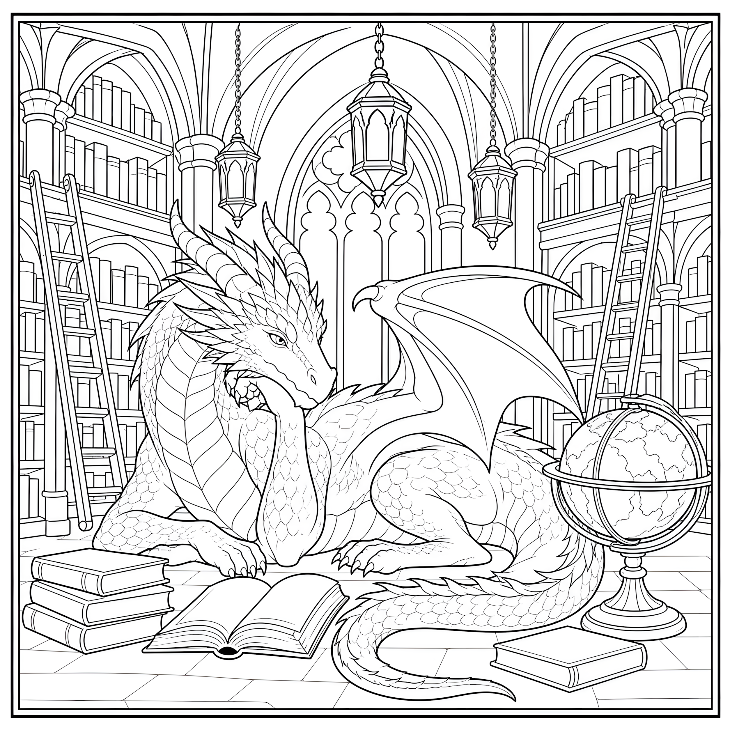 Dragons in an ancient library coloring page