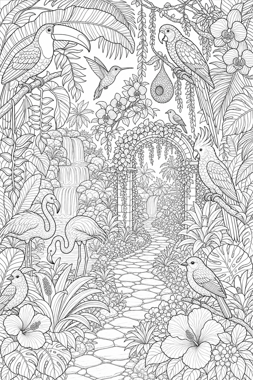Tropical bird sanctuary detailed coloring page with toucans, parrots, hummingbirds, and flamingos among lush foliage