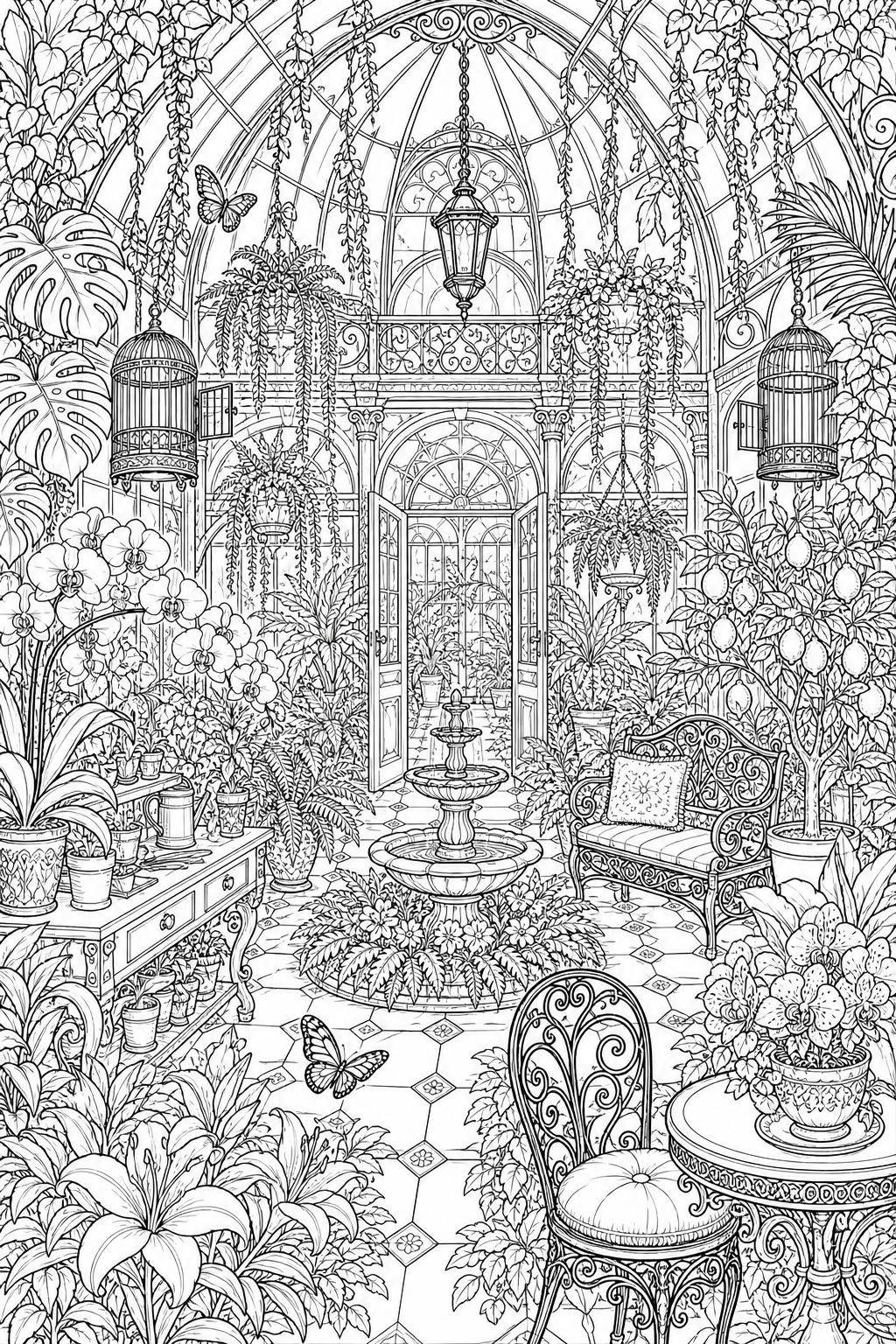 Victorian greenhouse detailed coloring page with glass panes, tropical plants, and a fountain