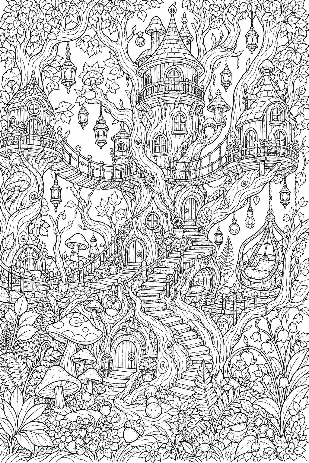 Enchanted treehouse detailed coloring page with a village woven through ancient trees and hanging lanterns