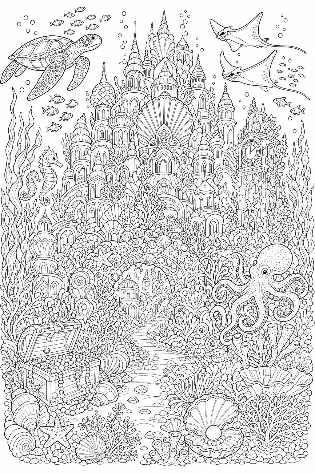 Underwater coral city detailed coloring page with coral towers, an octopus, and shoals of fish