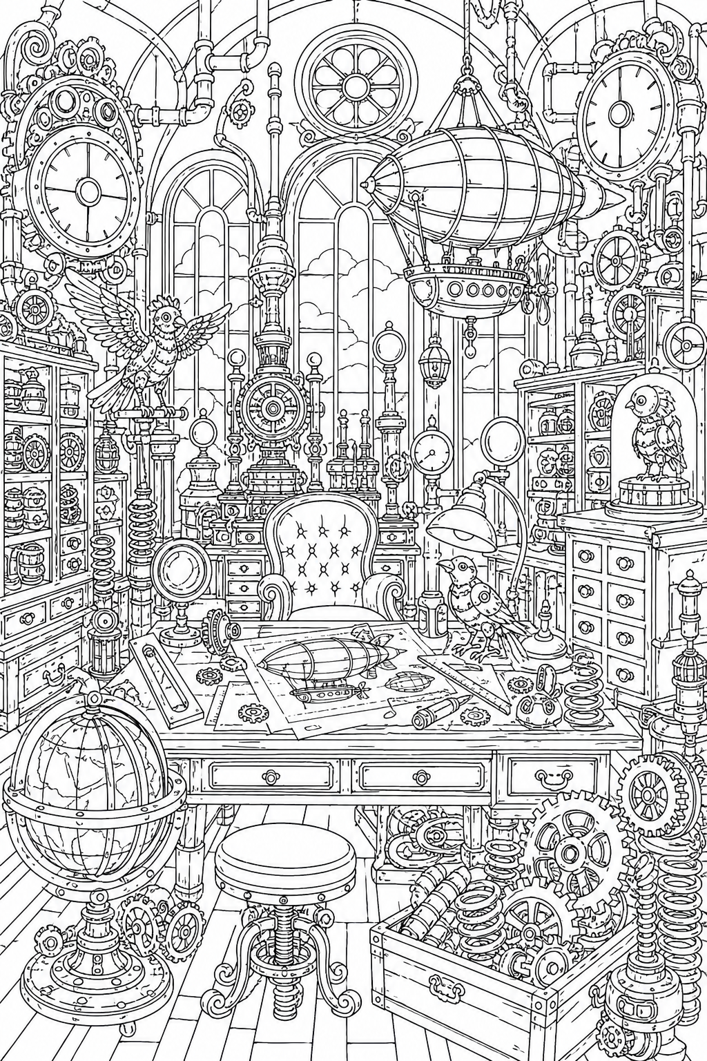 Steampunk workshop detailed coloring page filled with gears, clocks, pipes, and mechanical contraptions