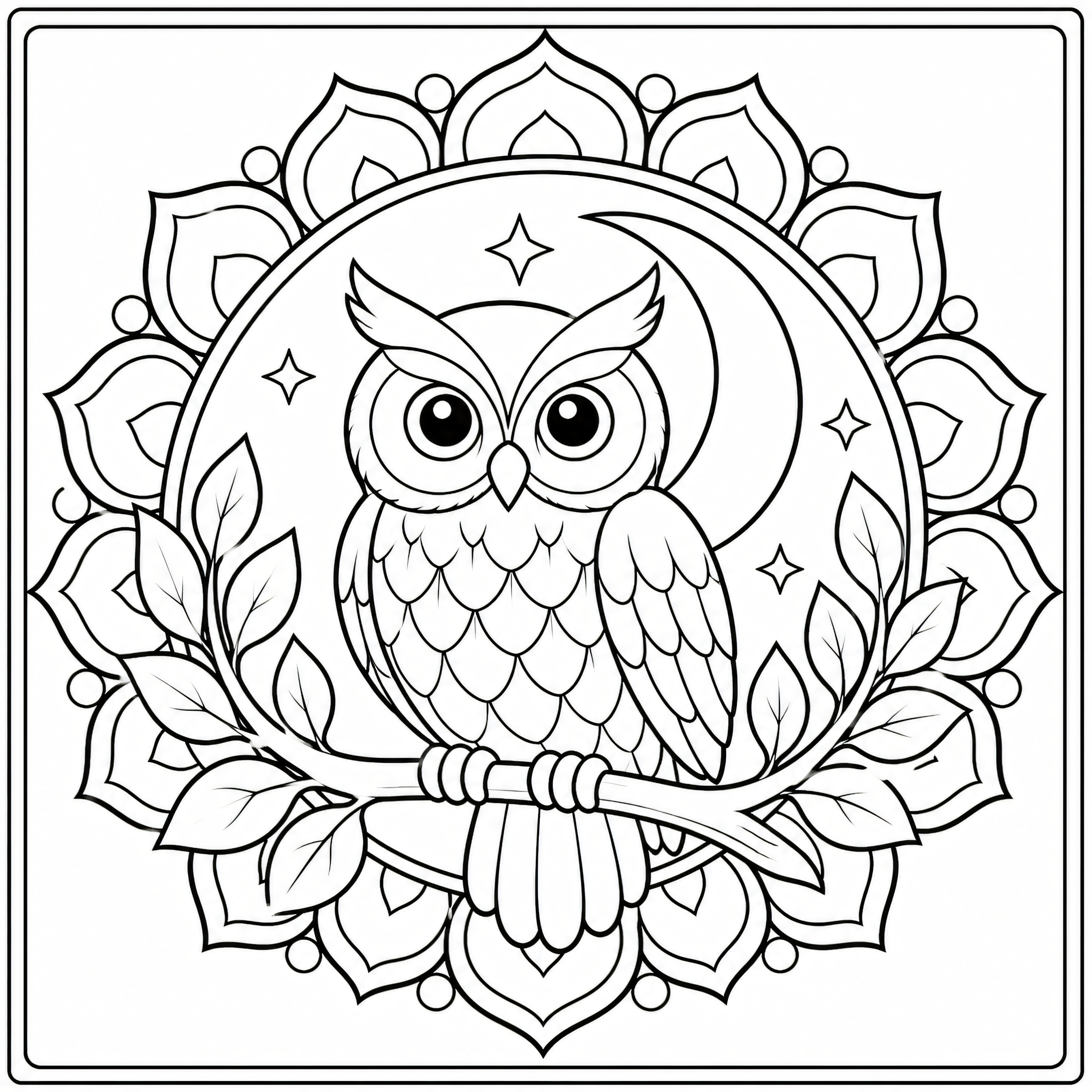 Moonlit owl worked into a mandala pattern coloring page