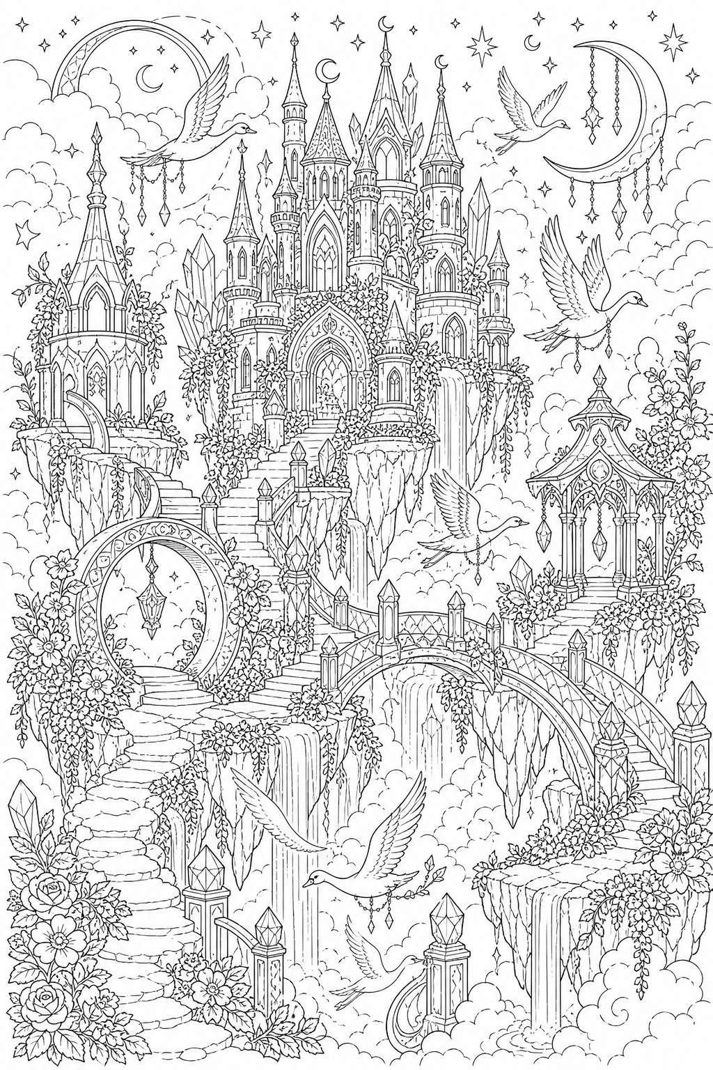 Fairy castle detailed coloring page with towers across floating cliffs and crystal bridges