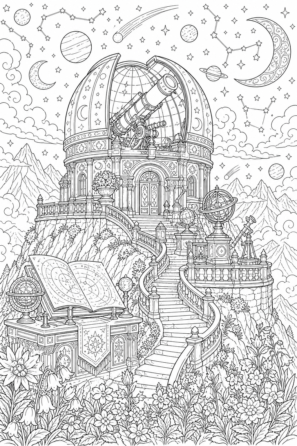 Mountain observatory detailed coloring page with a telescope dome, planets, and a night sky