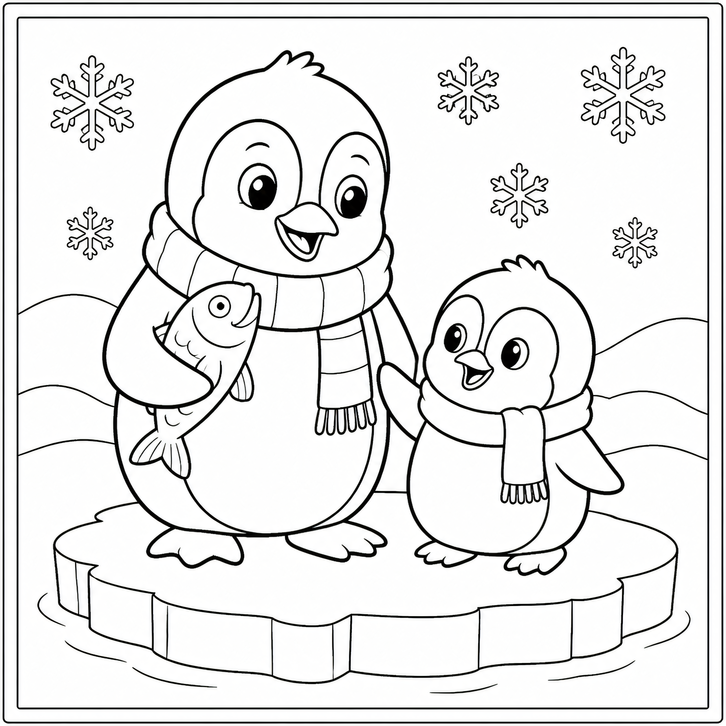 Penguin holding a fish coloring page