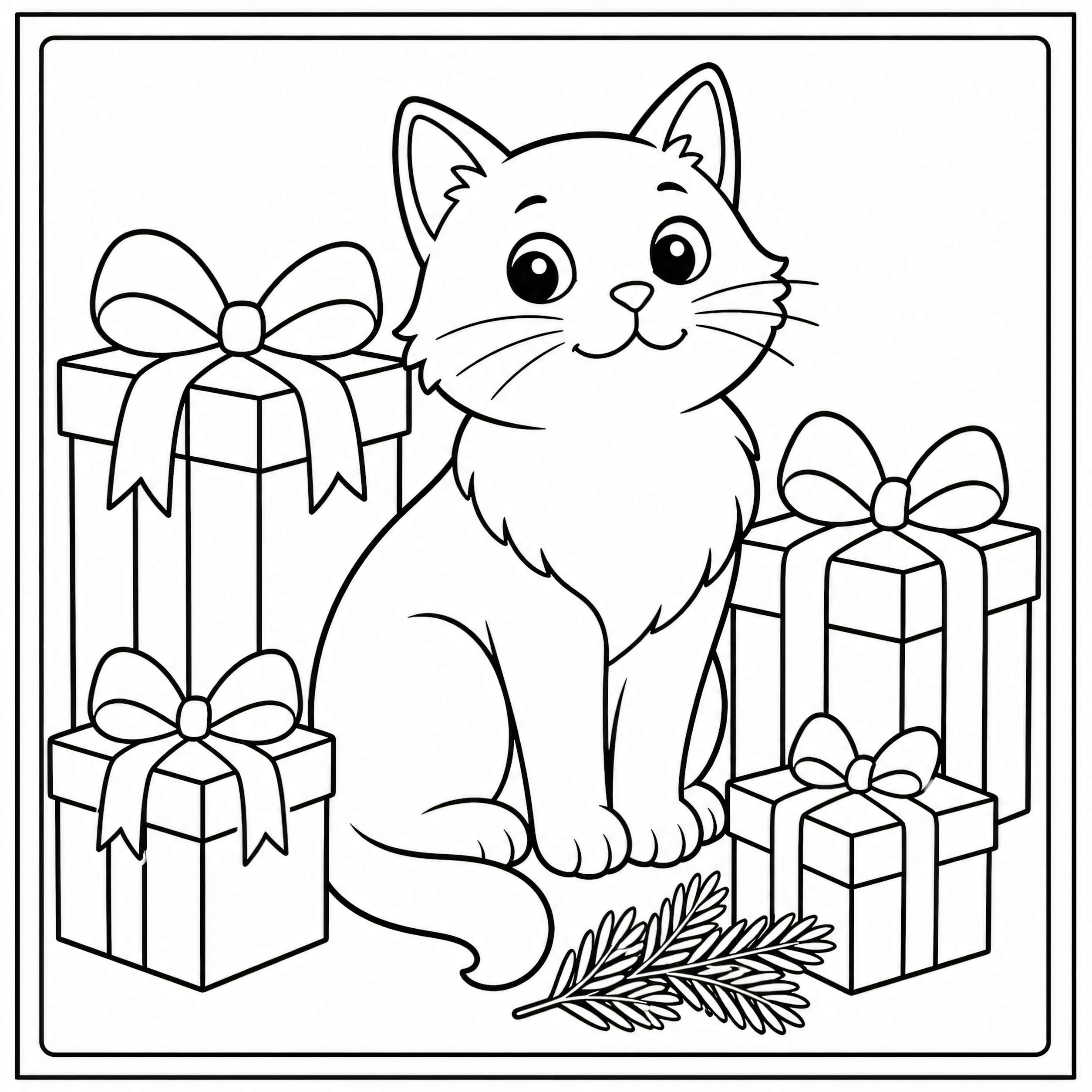 Cat sitting among wrapped Christmas presents coloring page