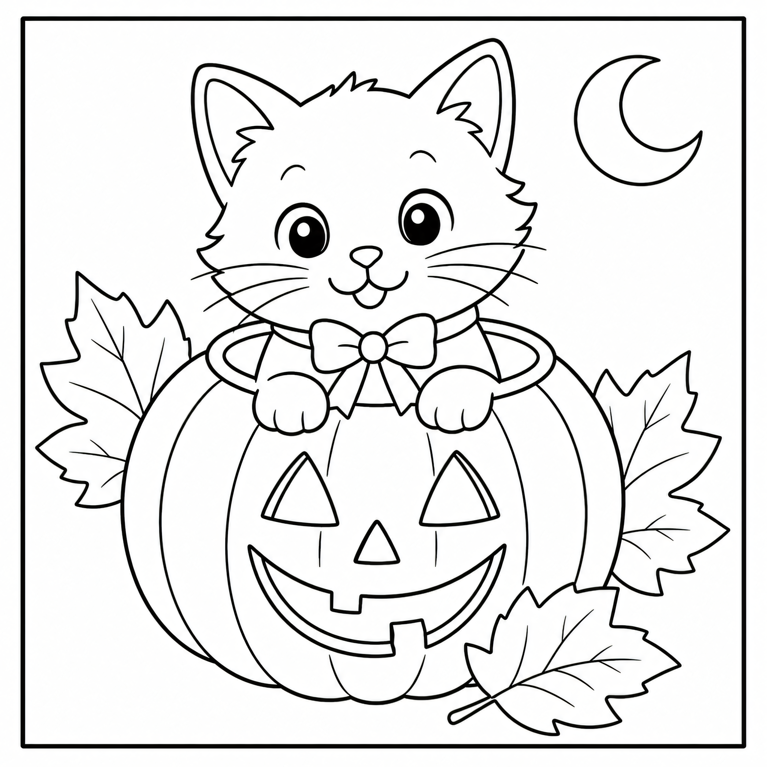 Kitten sitting in a Halloween pumpkin coloring page