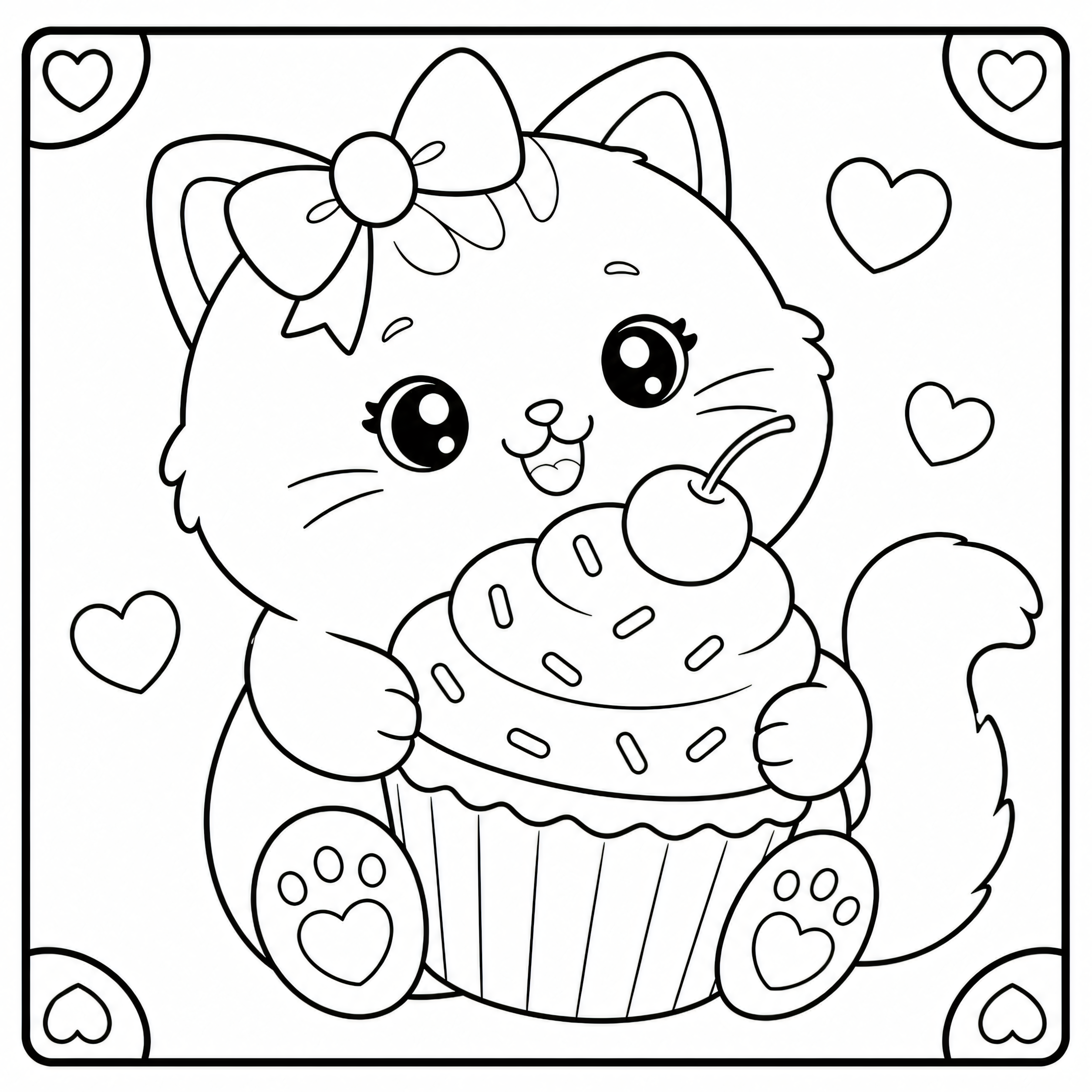 Kawaii cat holding a cupcake coloring page