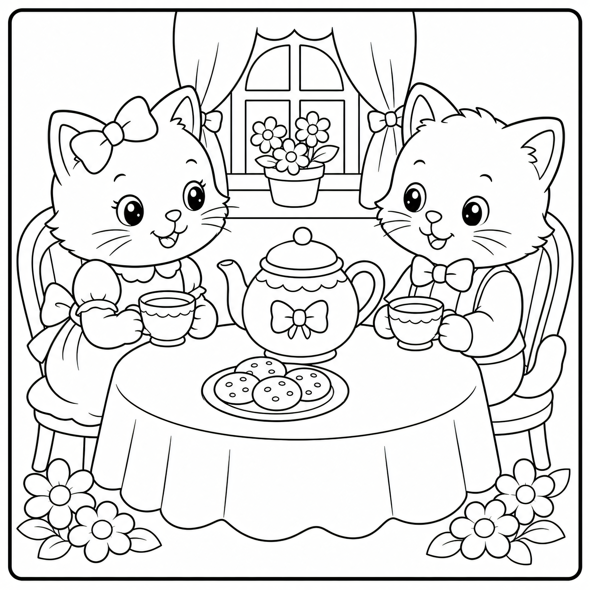 Cats having a tea party with teacups coloring page