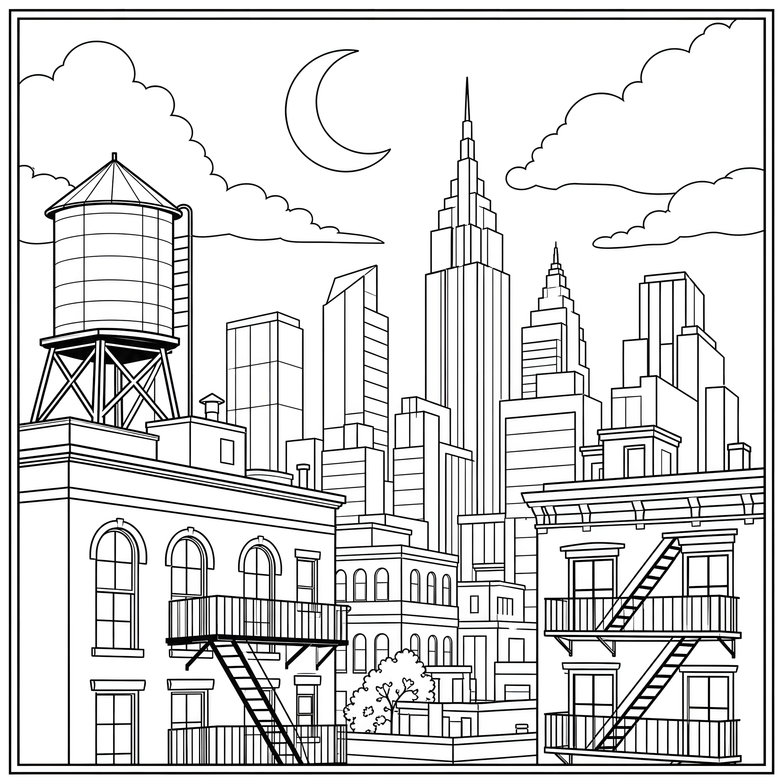 City skyline with detailed buildings coloring page