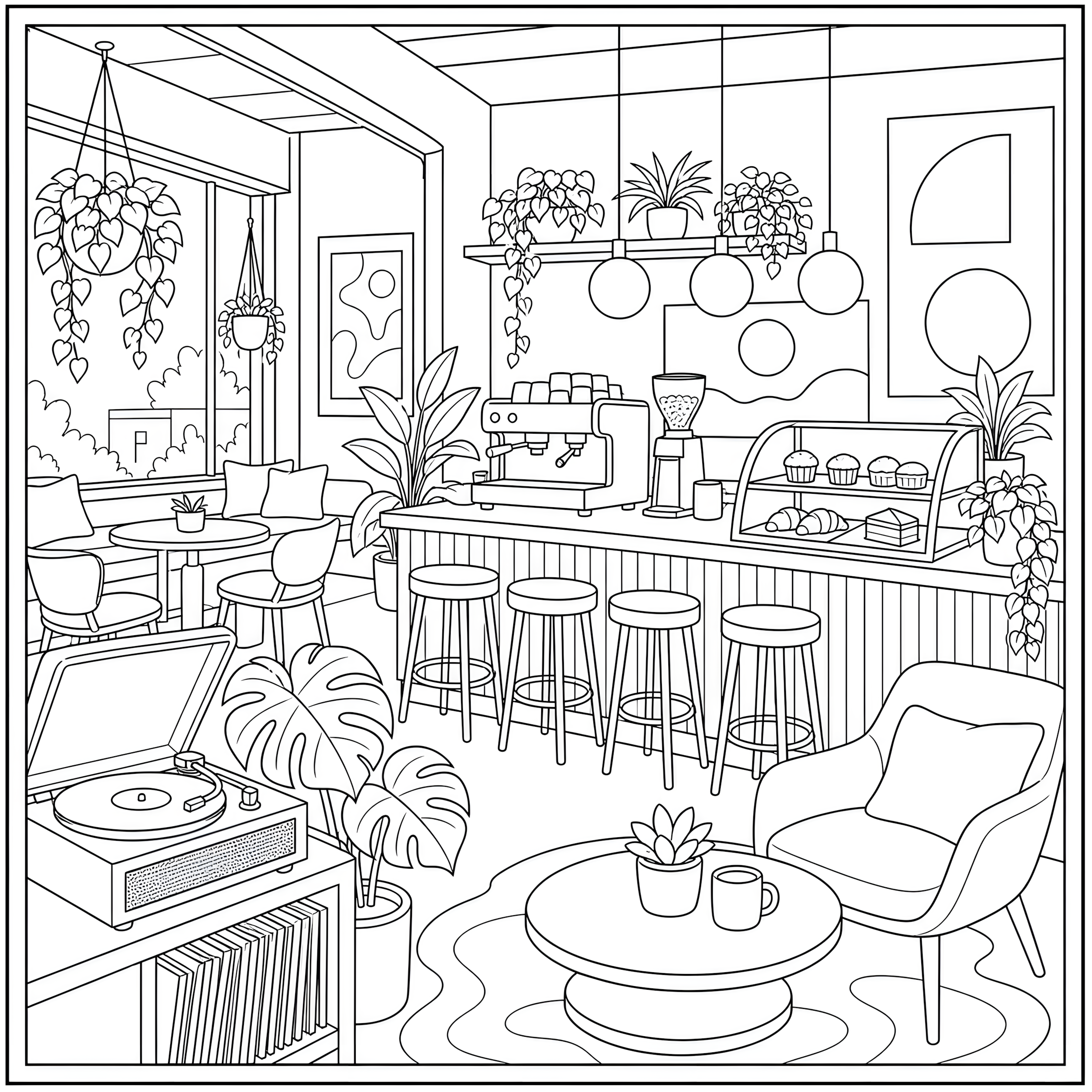 Cozy cafe interior coloring page