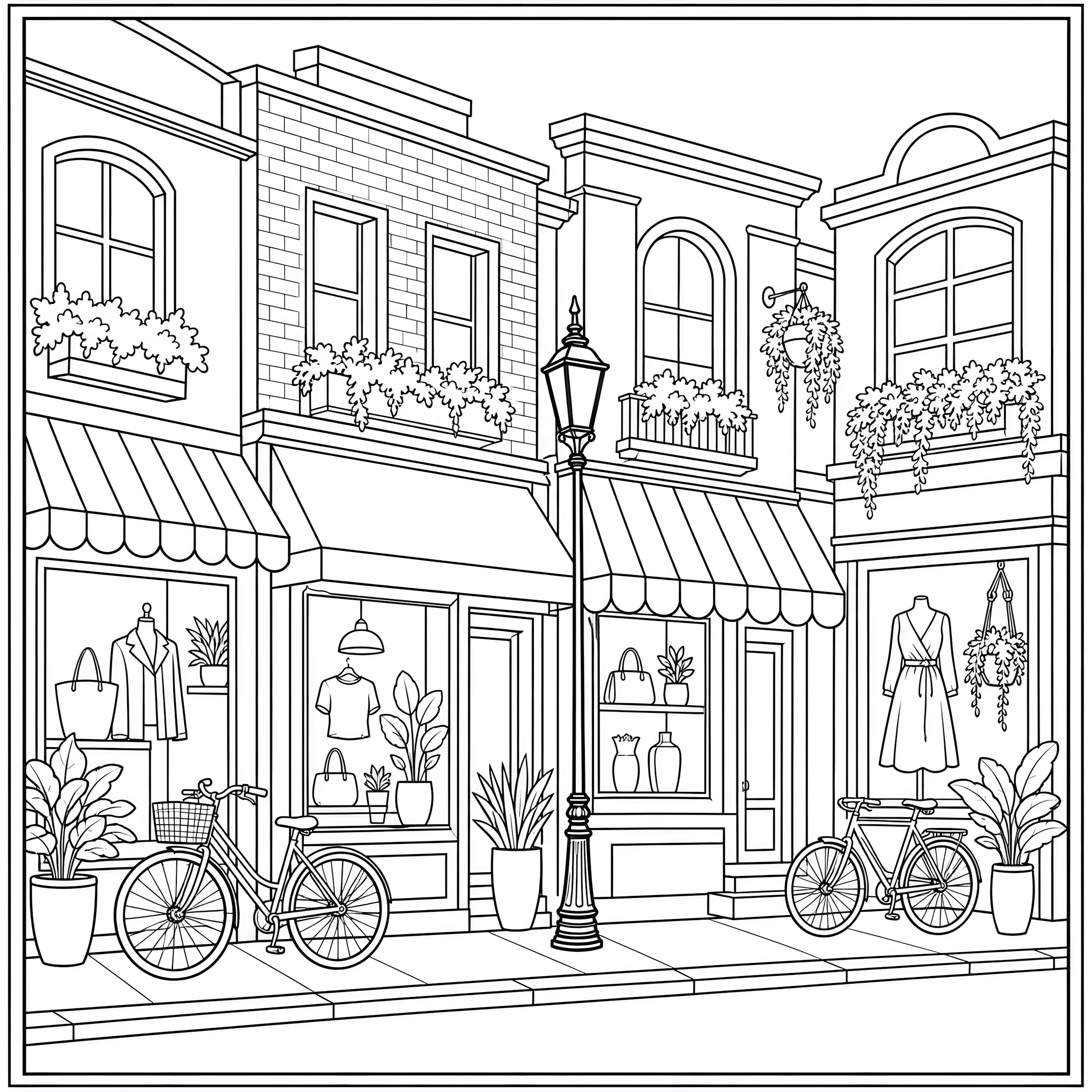 Row of street shops coloring page