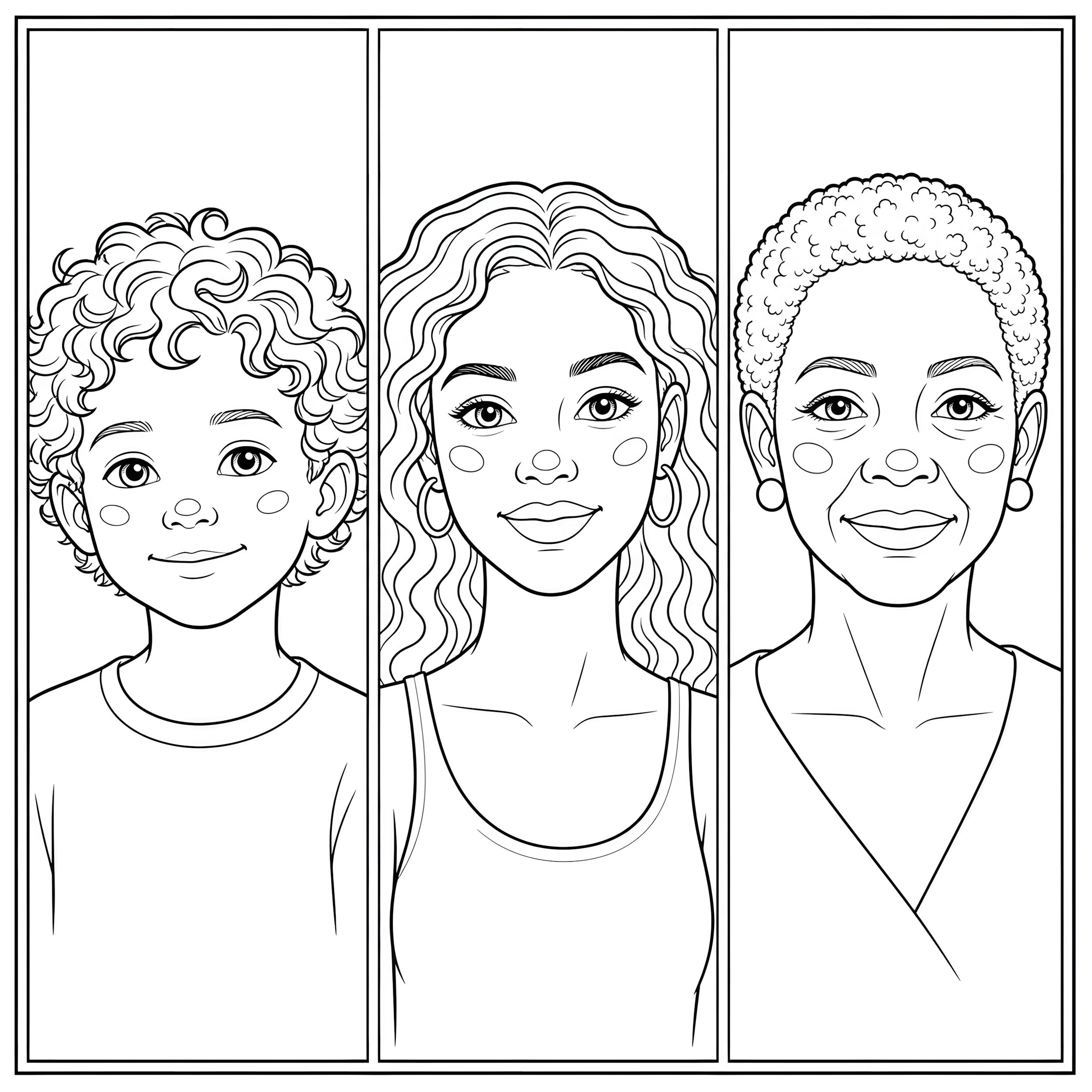 Three portrait studies with different facial features and skin-tone areas for colored-pencil practice