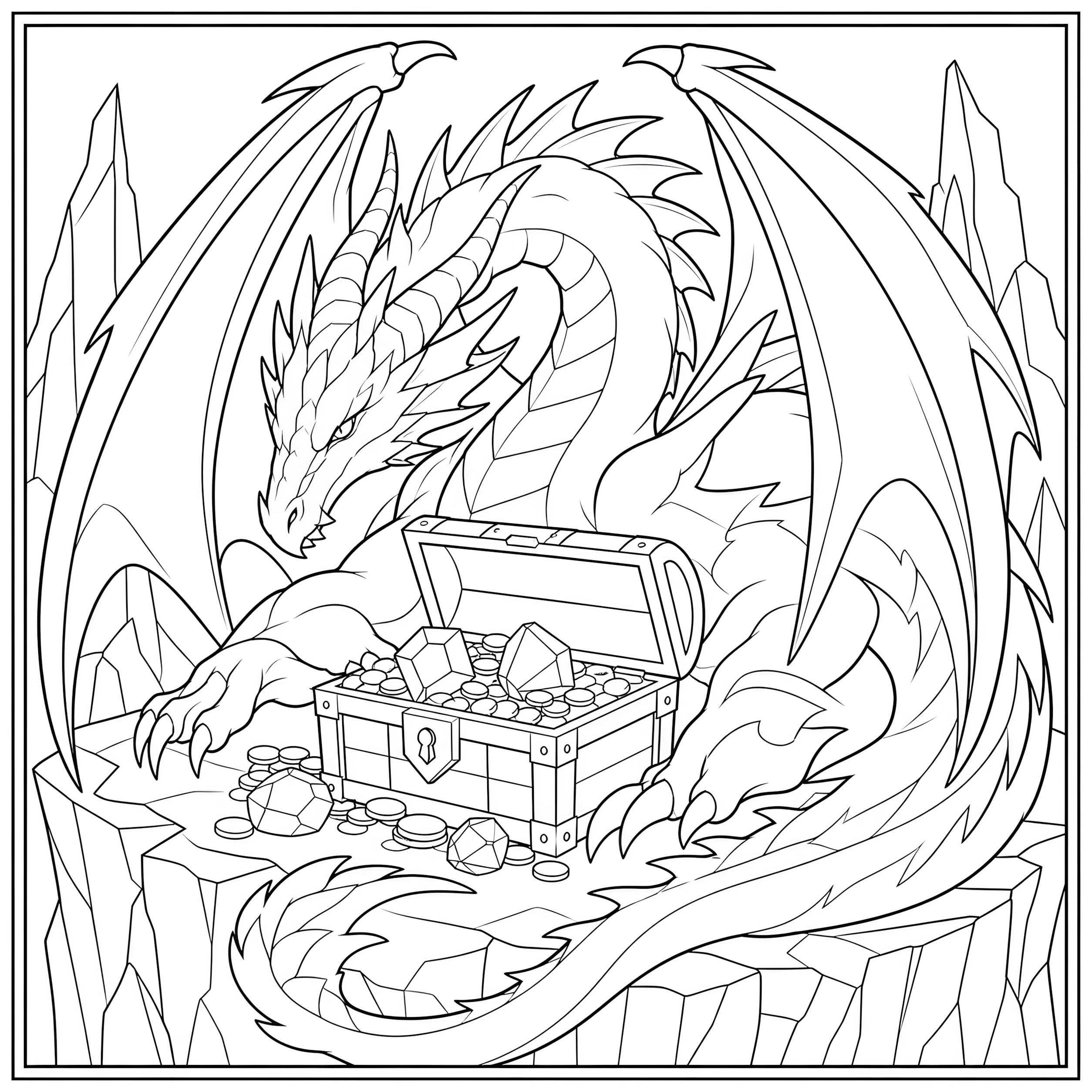 Dragon guarding a treasure hoard coloring page