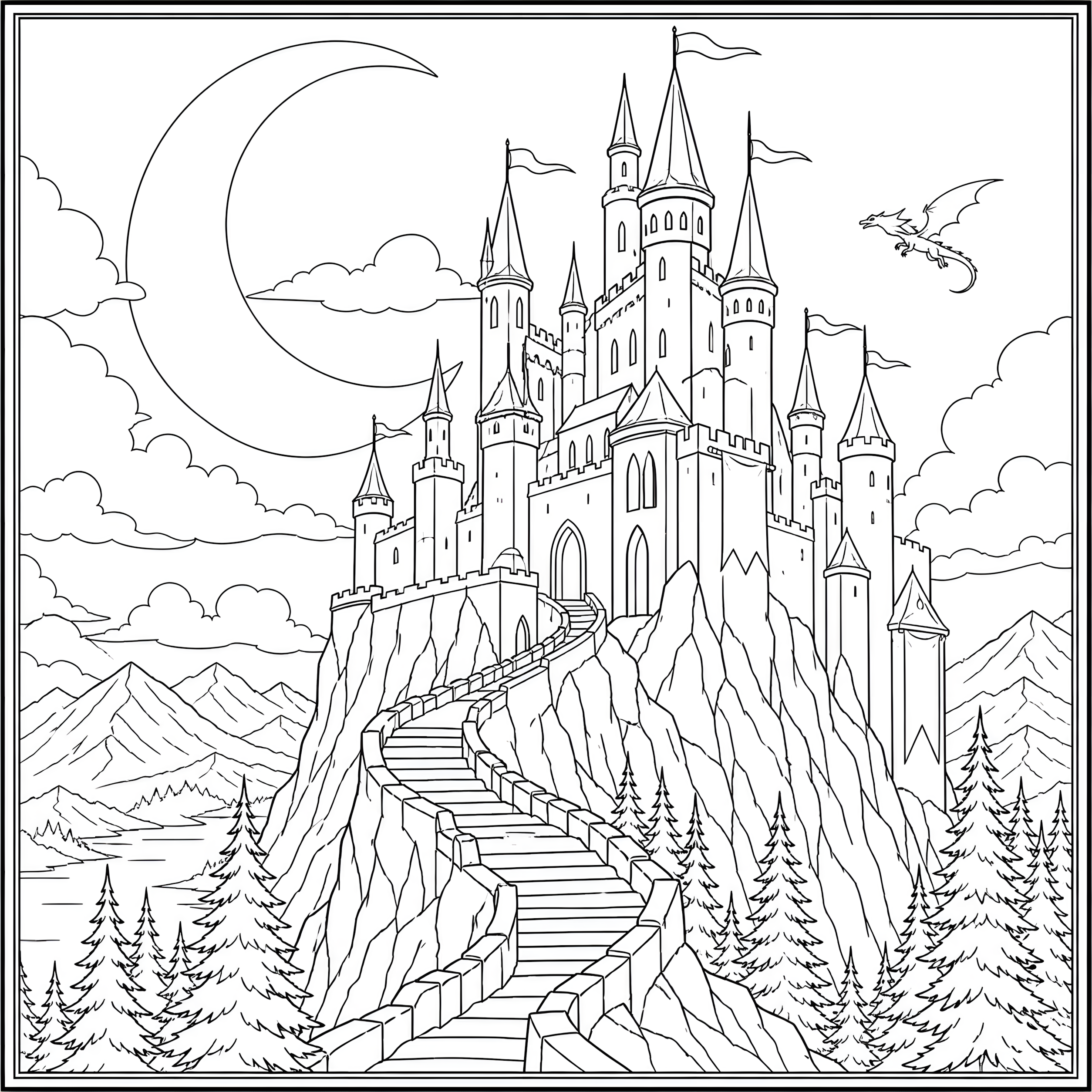 Enchanted castle beneath a crescent moon coloring page