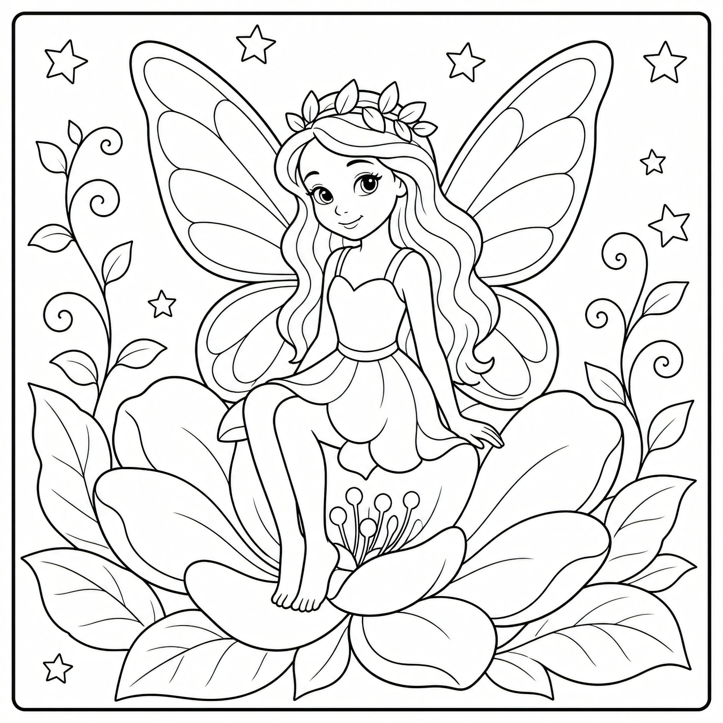 Fairy sitting on a flower coloring page