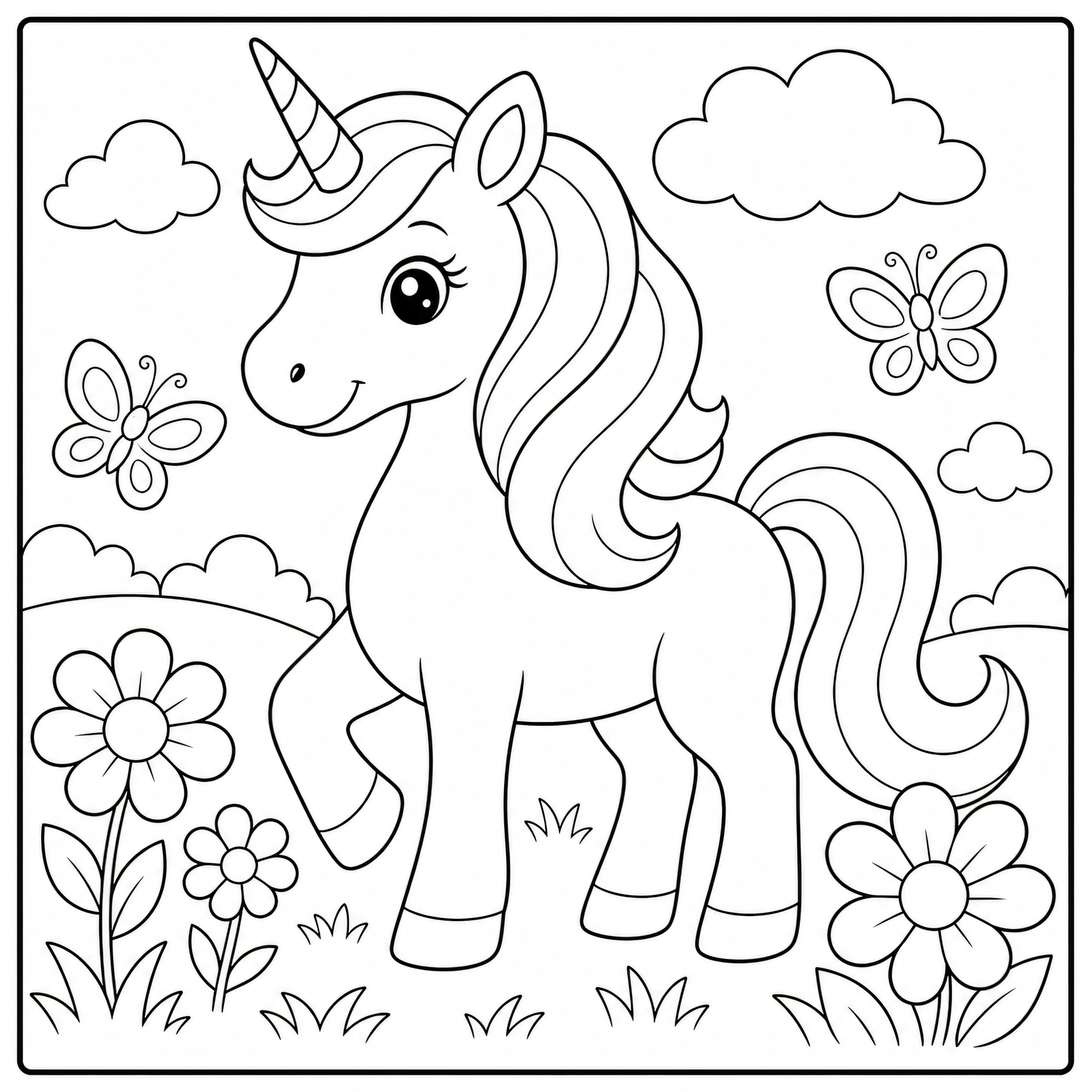 Unicorn standing in a flower meadow coloring page