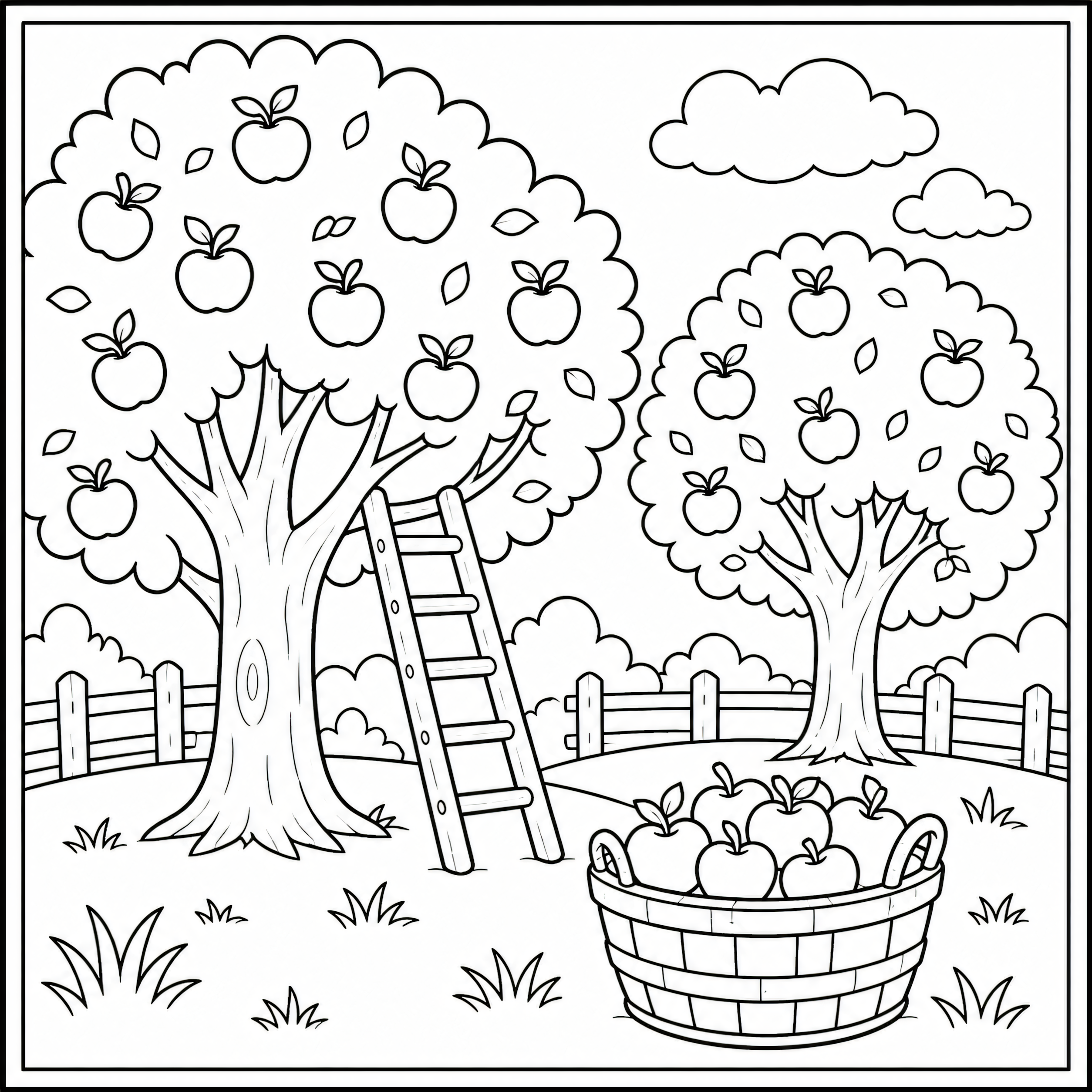Apple orchard with ladders and baskets coloring page