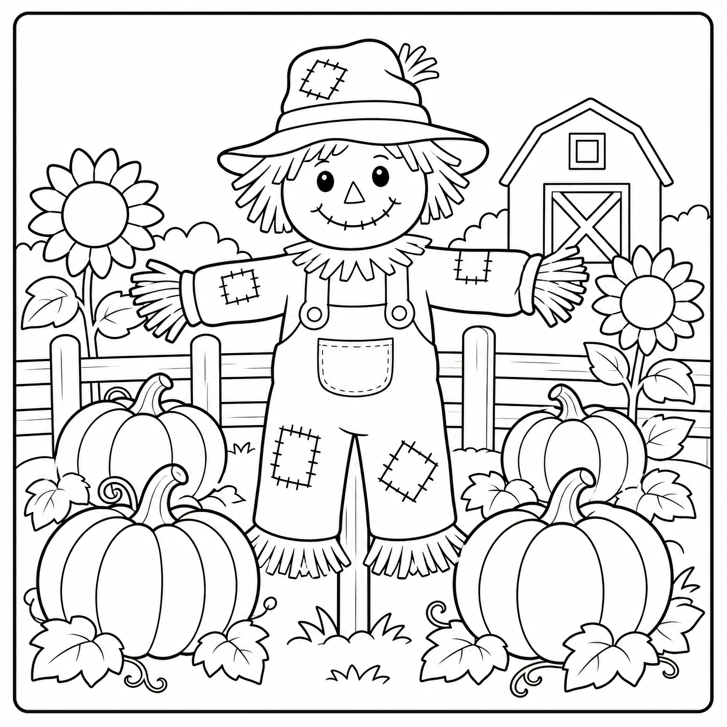 Scarecrow in a pumpkin patch coloring page