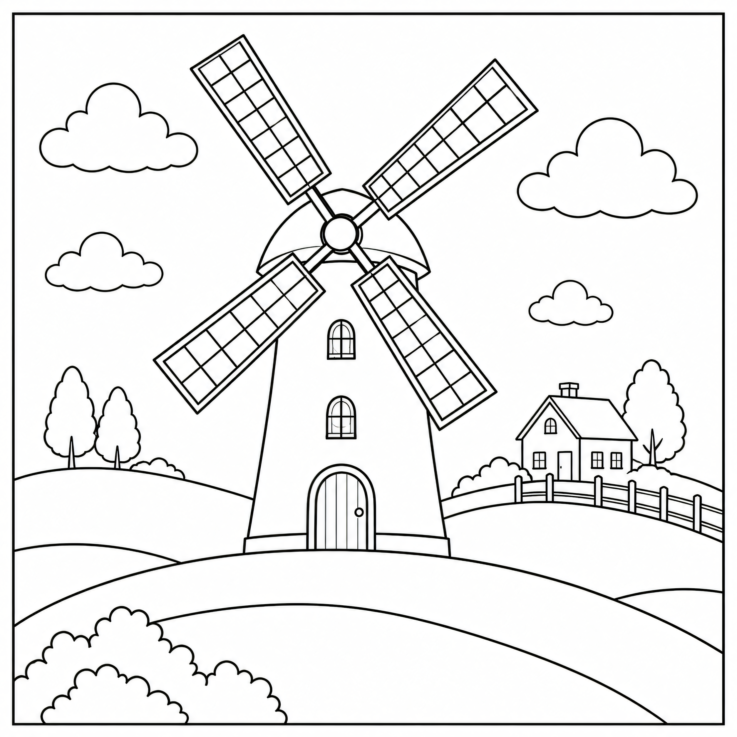 Windmill on rolling hills coloring page