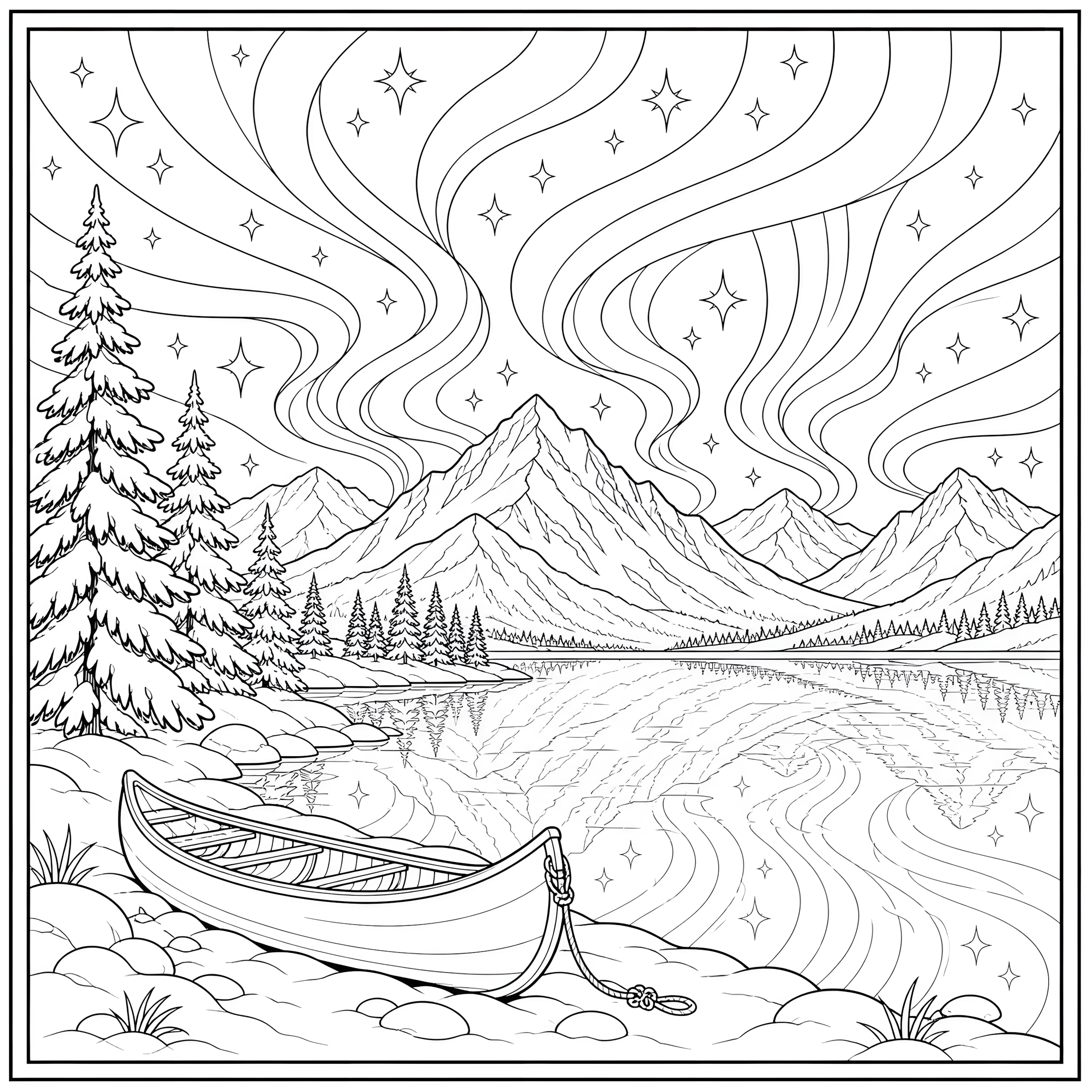 Aurora ribbons above a snowy mountain lake with a canoe and evergreen shoreline coloring page