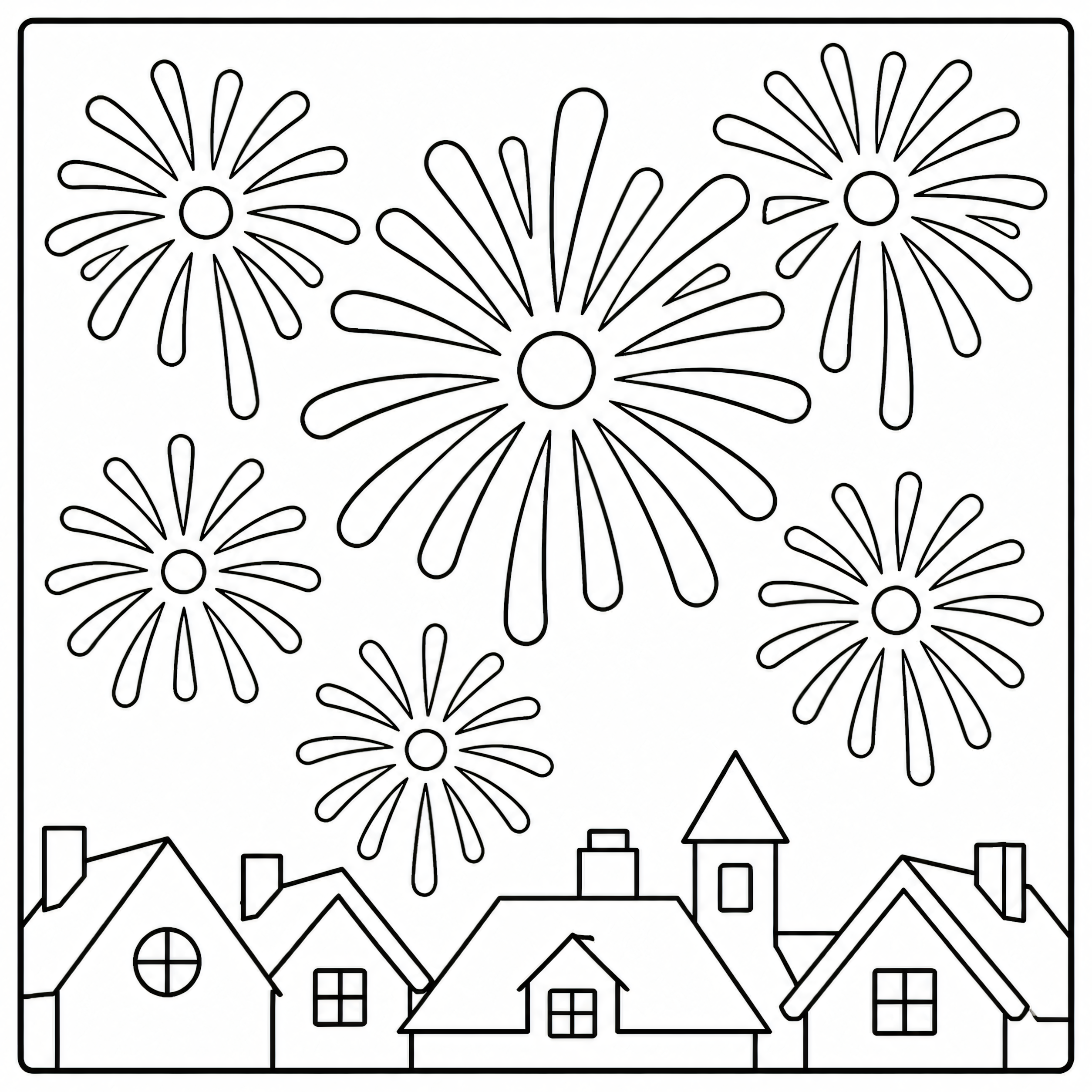 New Year fireworks over rooftops coloring page