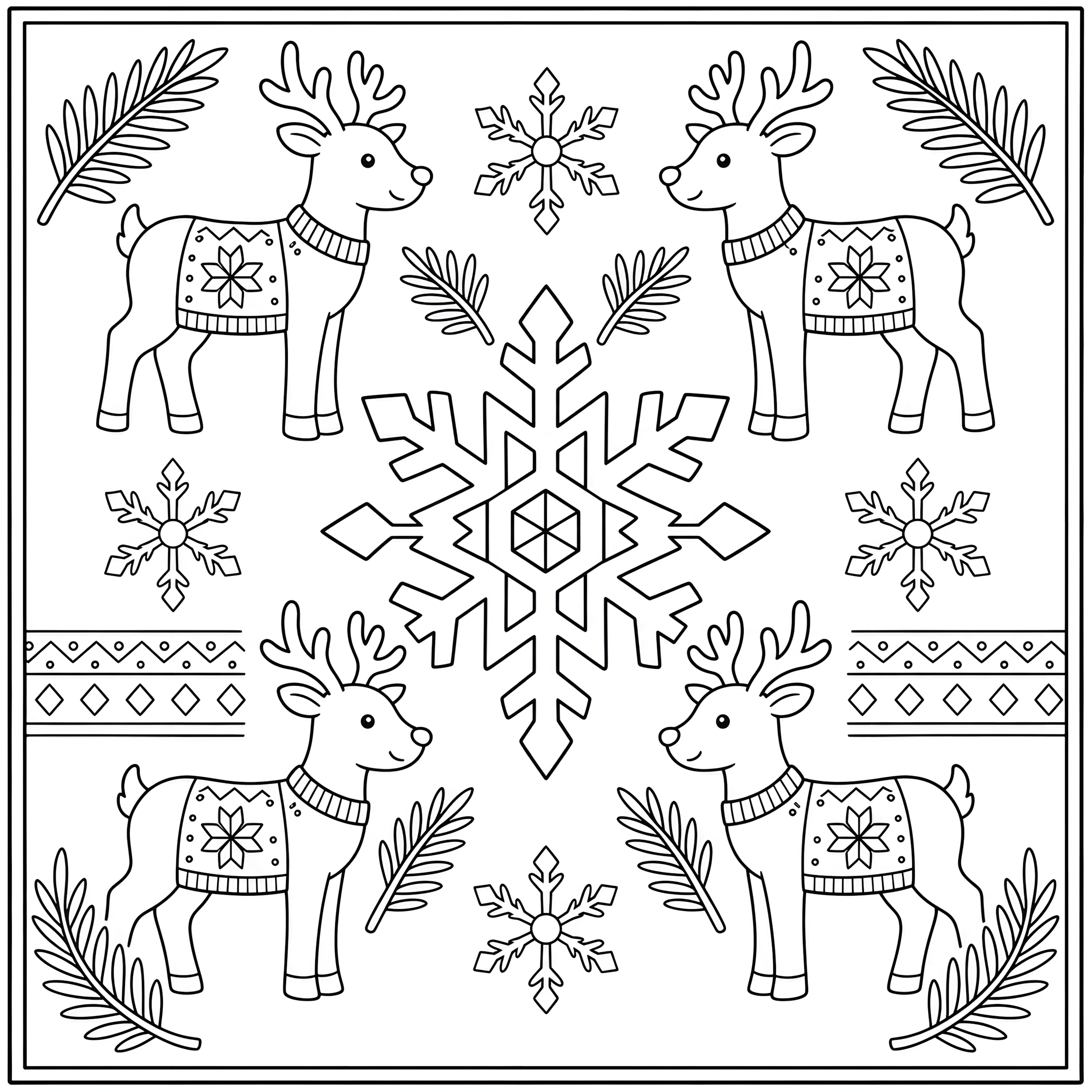 Ornate symmetrical Nordic winter pattern with snowflakes, reindeer, and pine branches coloring page