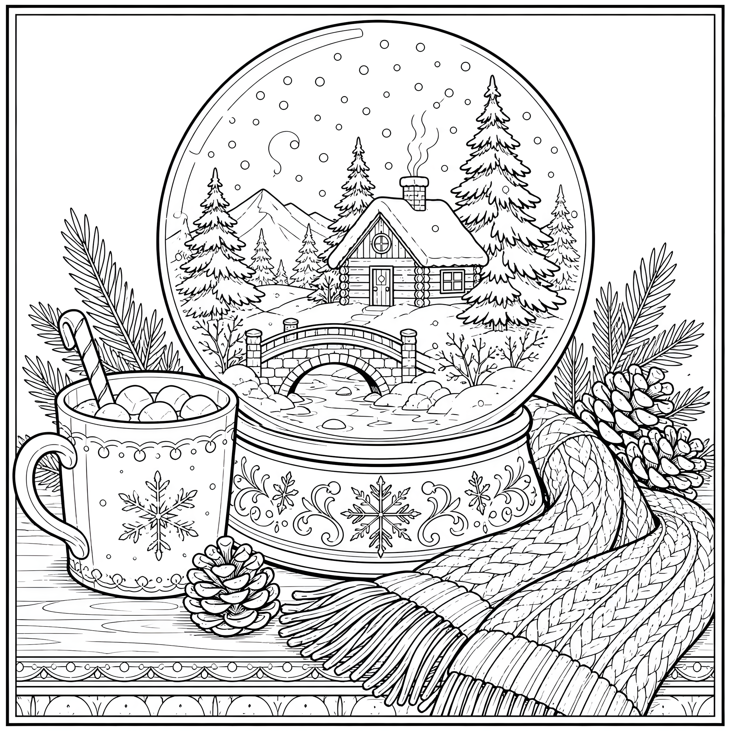 Snow globe with a mountain cabin, bridge, mug, scarf, and pinecones coloring page