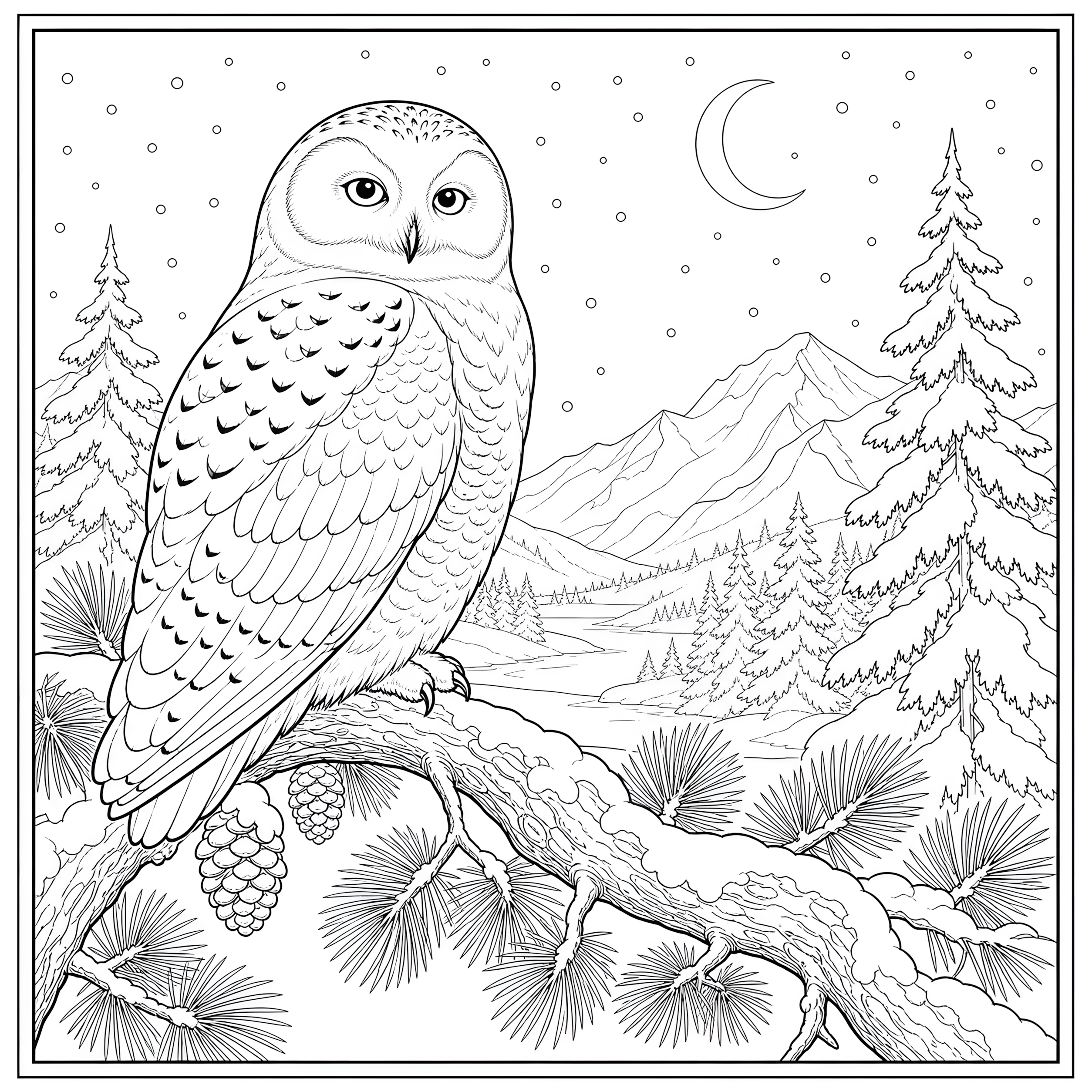 Snowy owl perched on a pine branch above a winter mountain valley coloring page