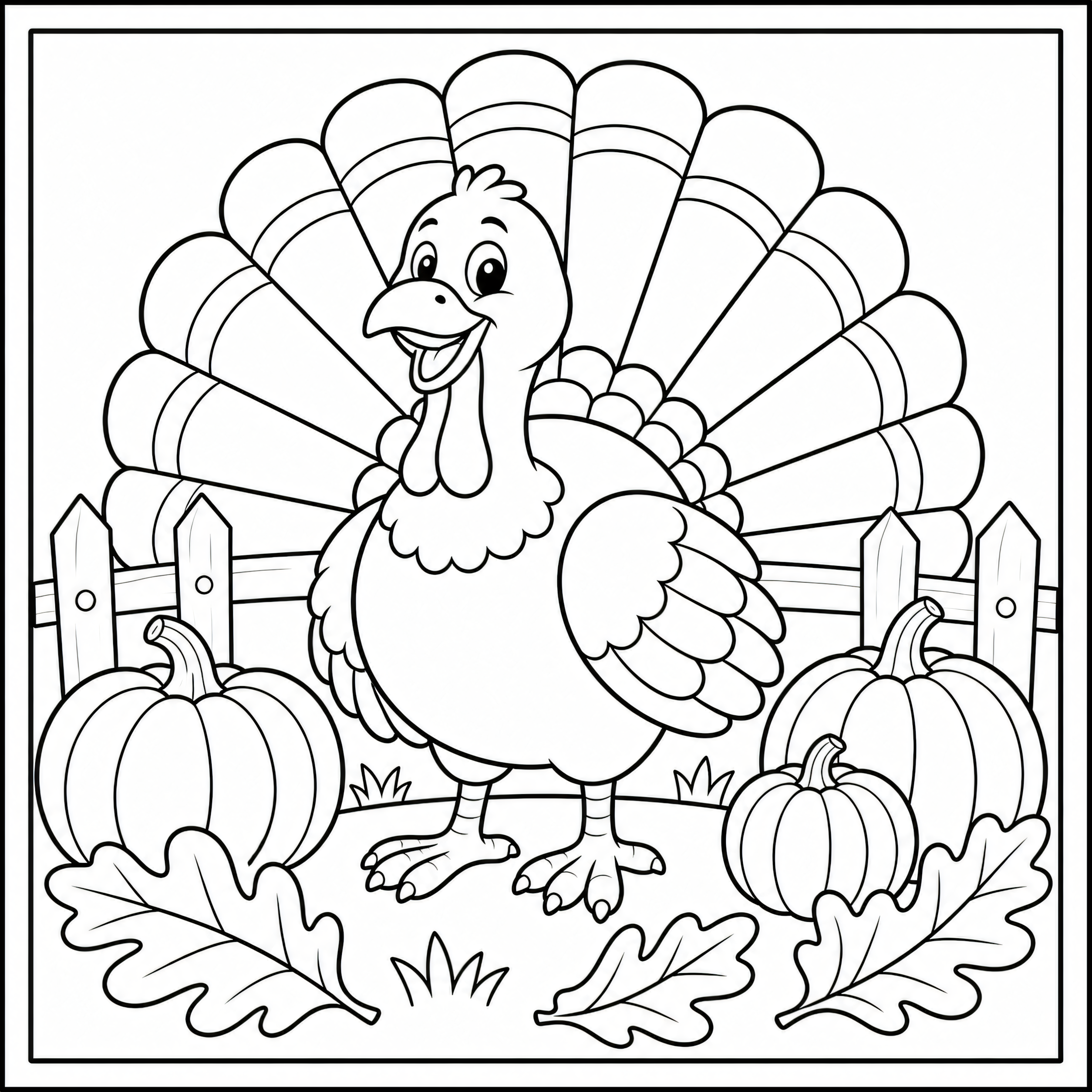 Thanksgiving turkey with fanned tail feathers coloring page