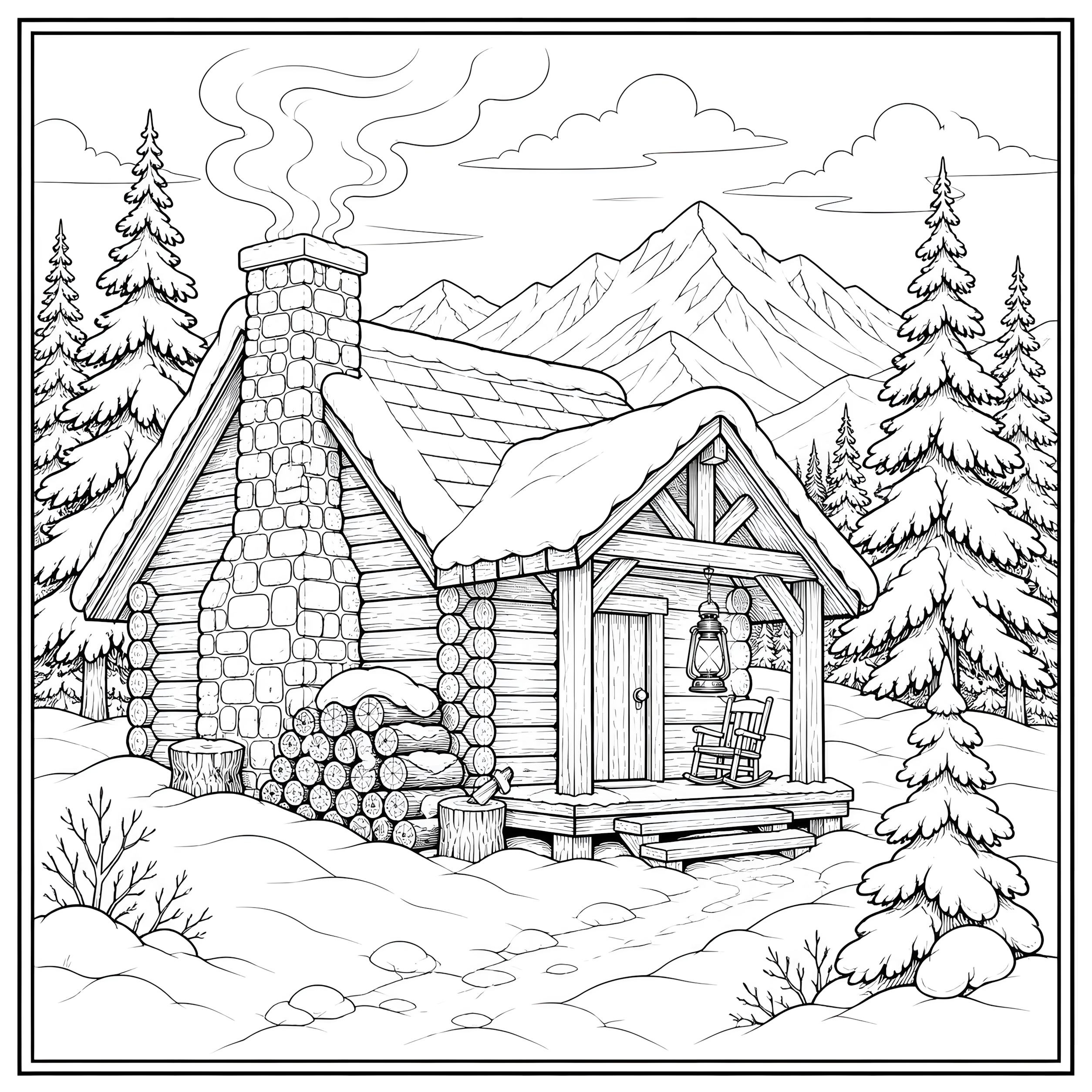 Snow-covered mountain cabin with pine trees, smoke, and a lantern coloring page