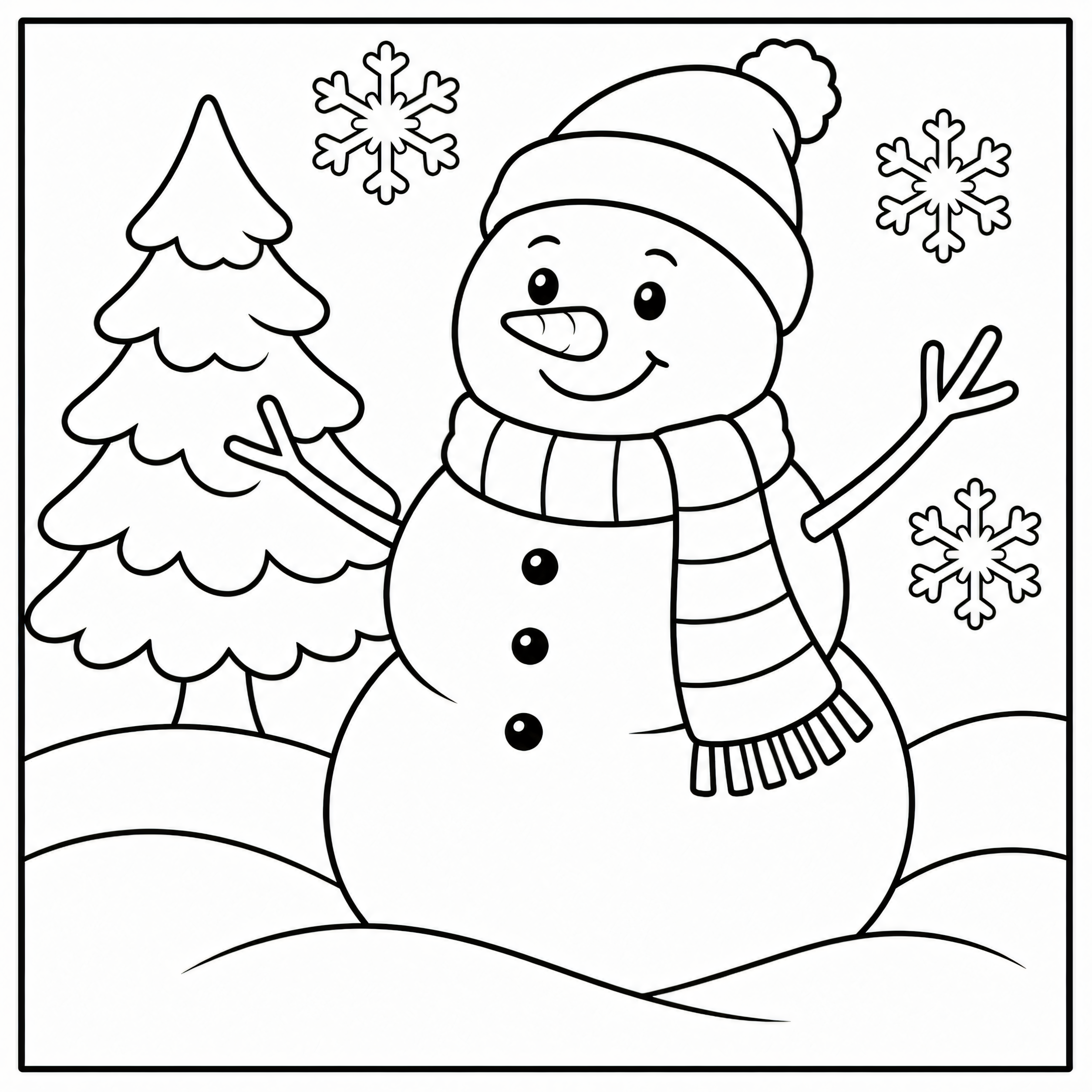 Snowman with pine tree and snowflakes coloring page