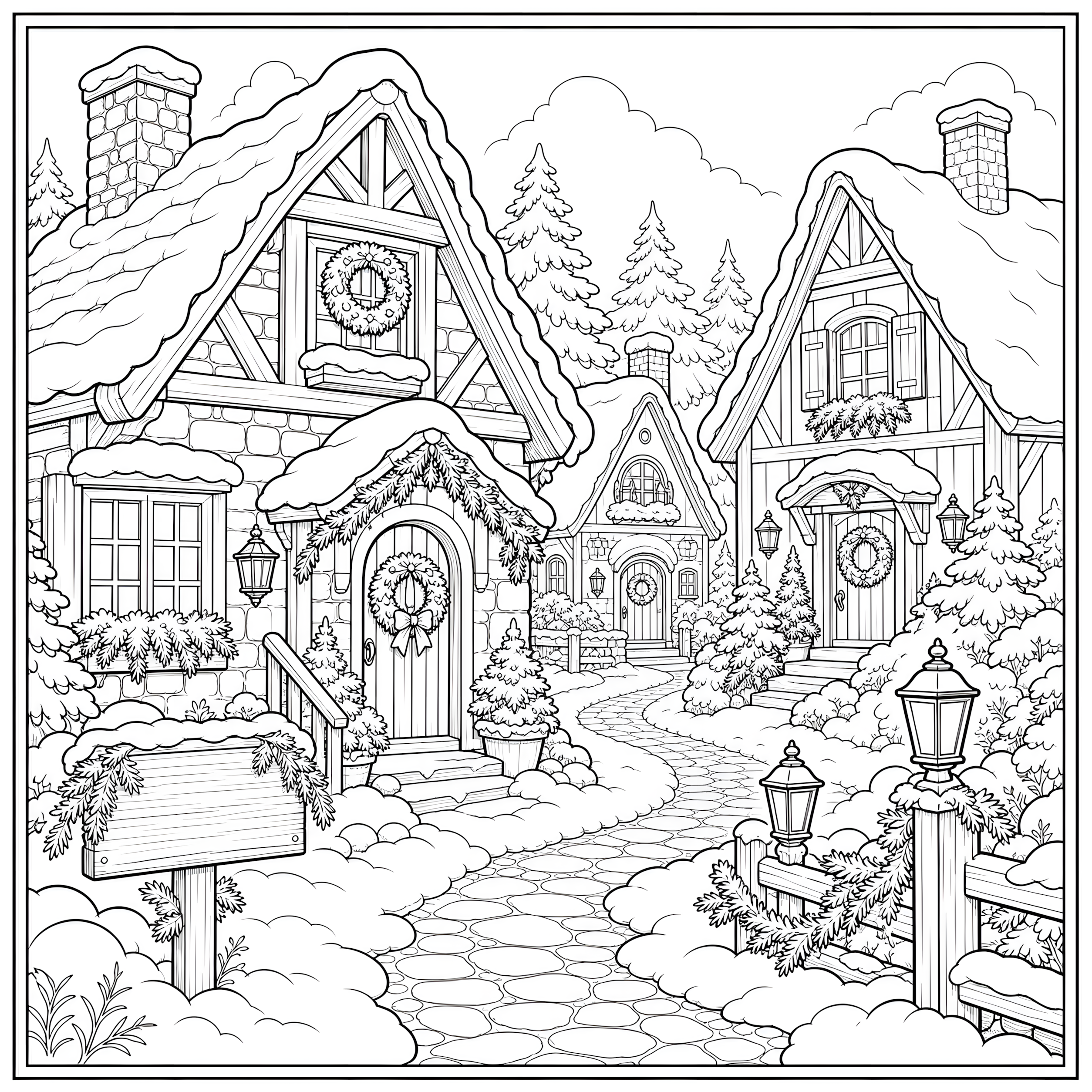 Snow-covered winter village street with cottages, wreaths, lanterns, and evergreens coloring page