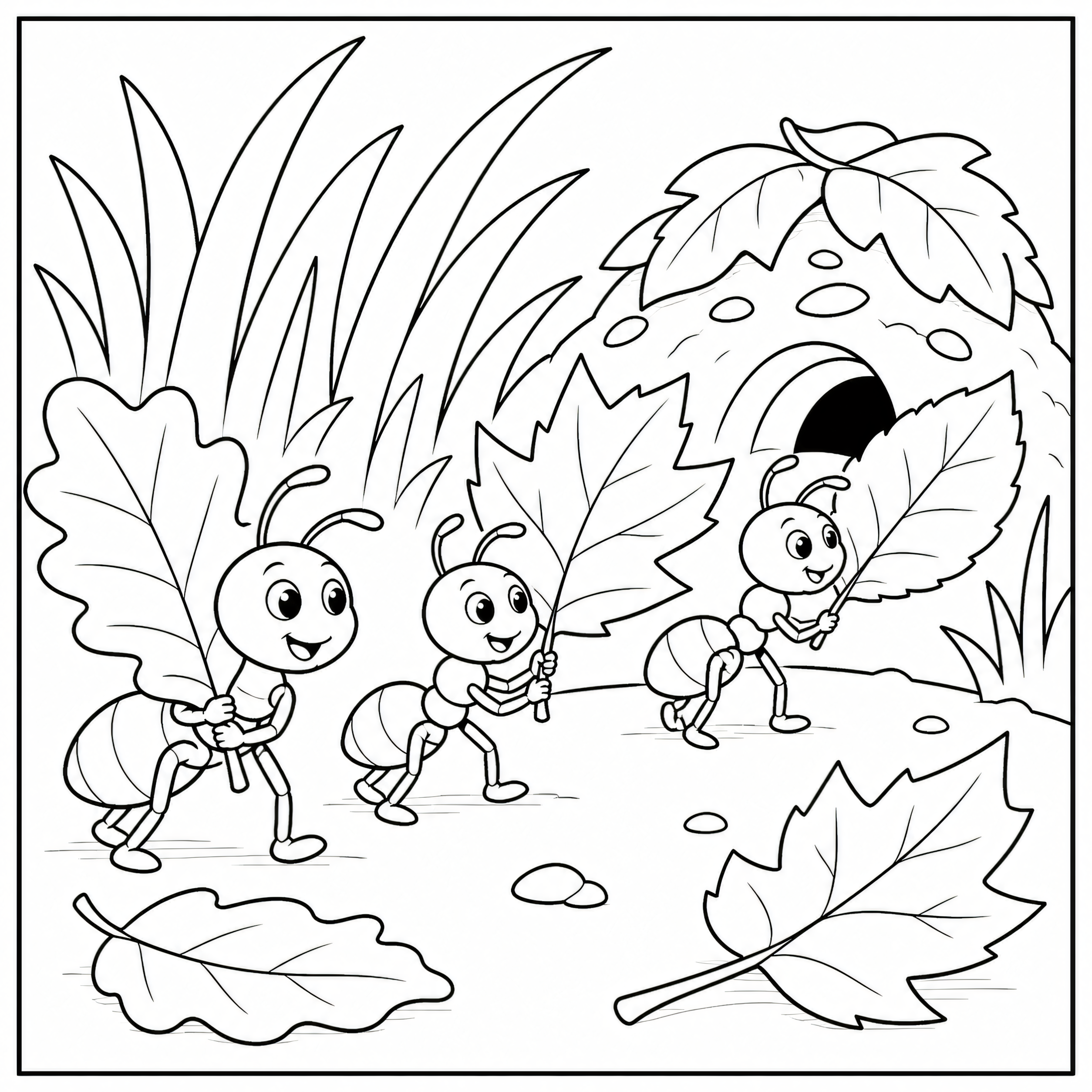 Ants carrying leaves home coloring page