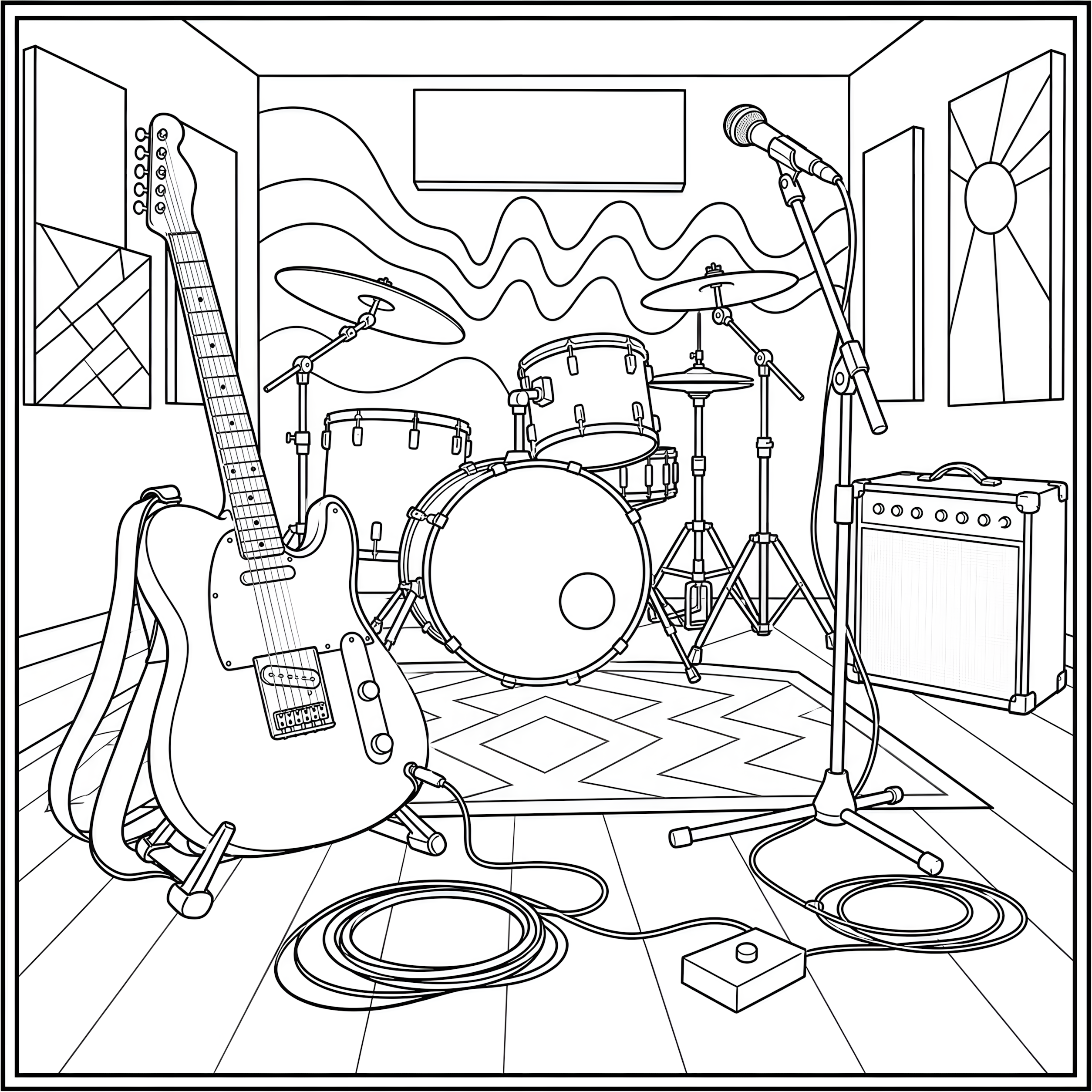 Guitar and drum kit coloring page