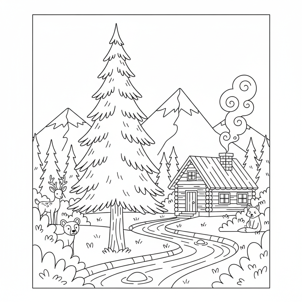 Cabin in a quiet forest coloring page