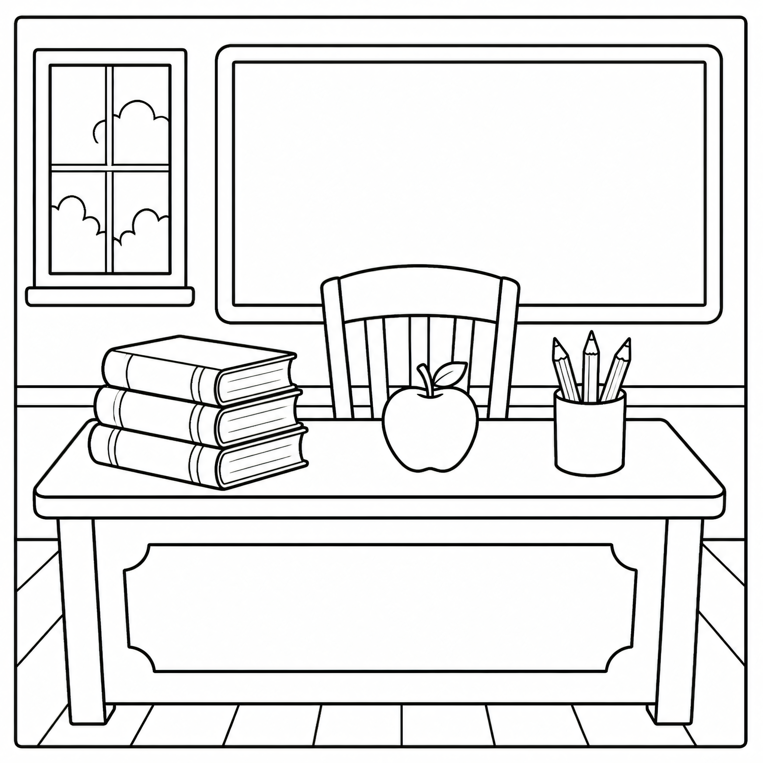 Classroom desk with books and apple coloring page