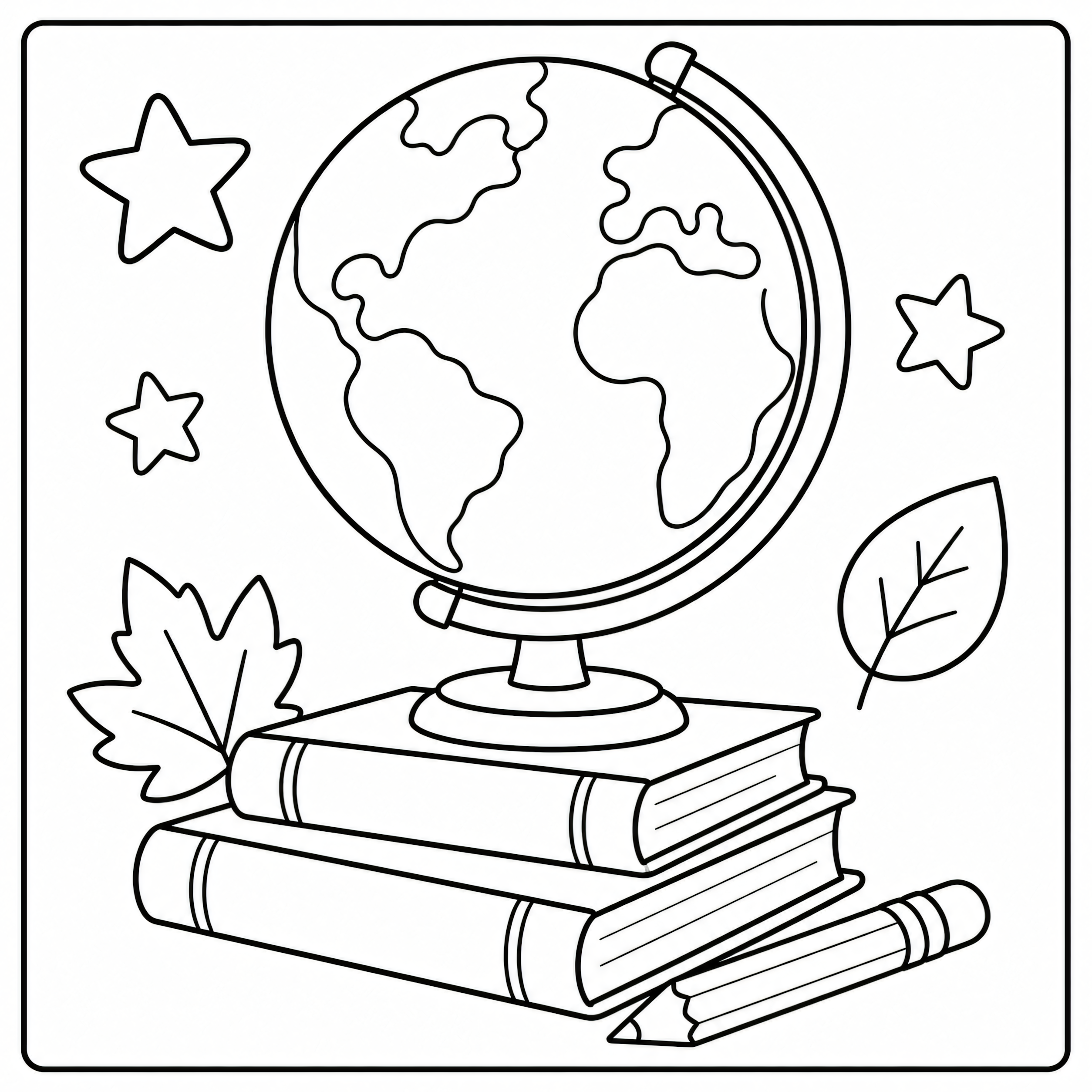 Globe and stacked books coloring page
