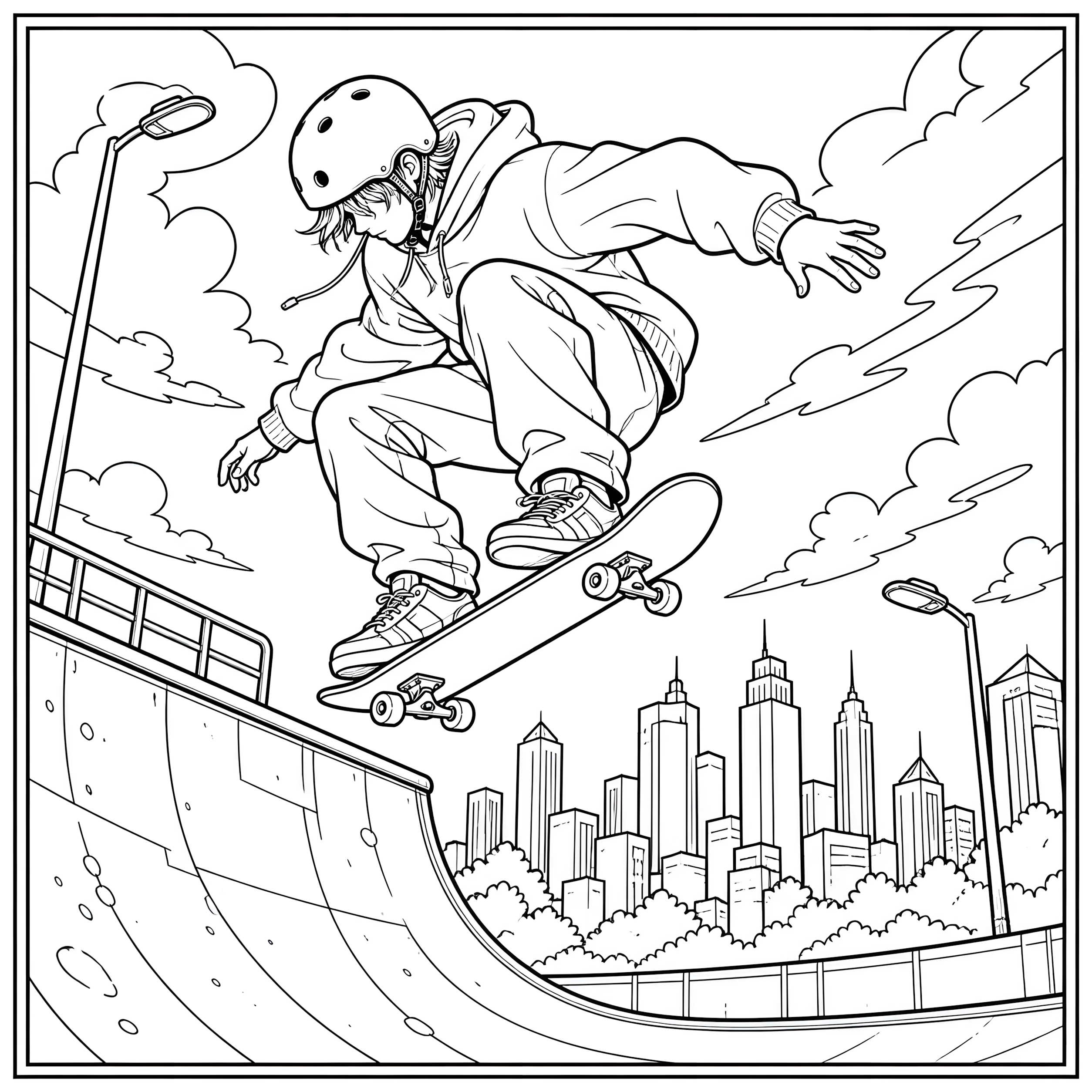 Skateboarder mid-trick coloring page