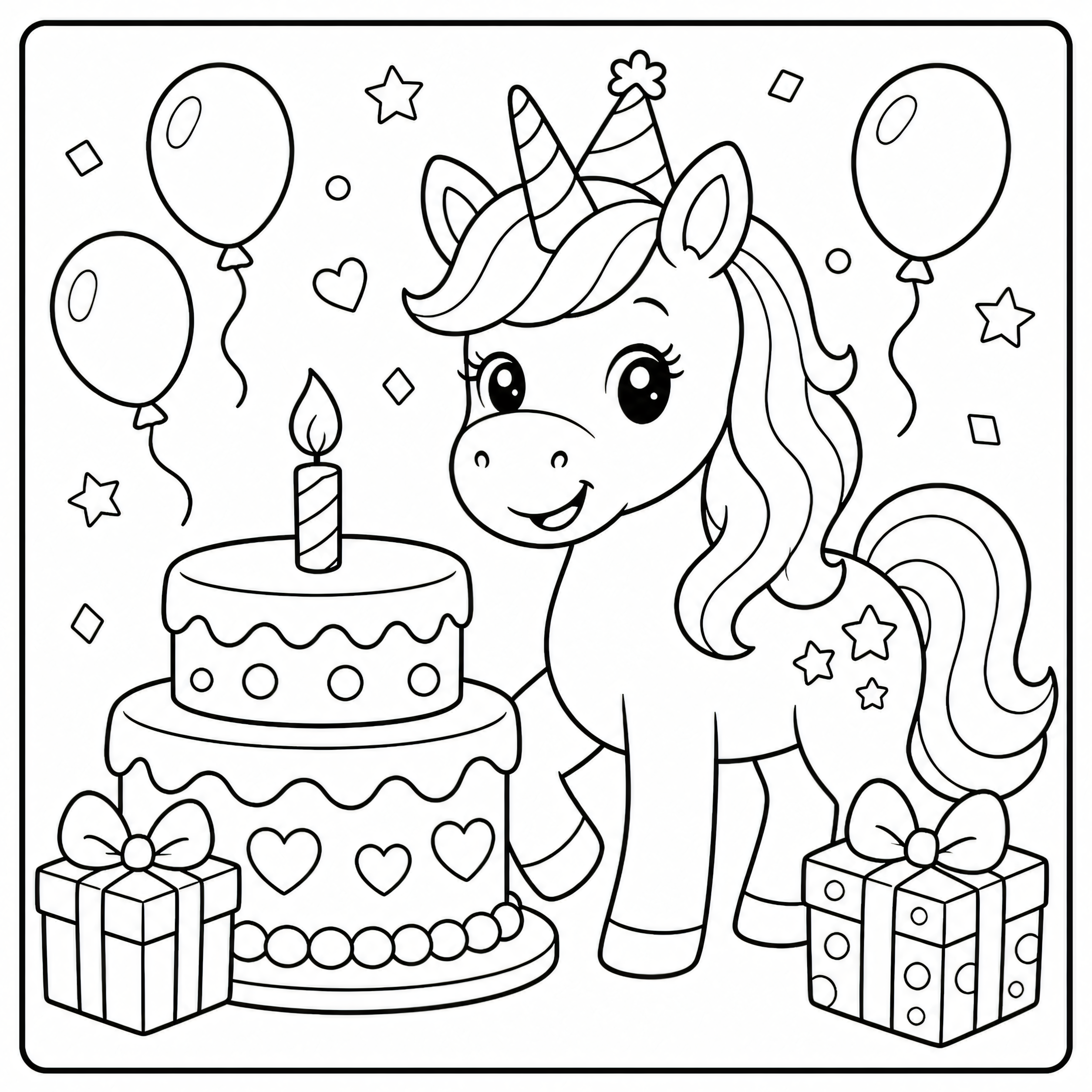 Unicorn birthday party with cake and balloons coloring page