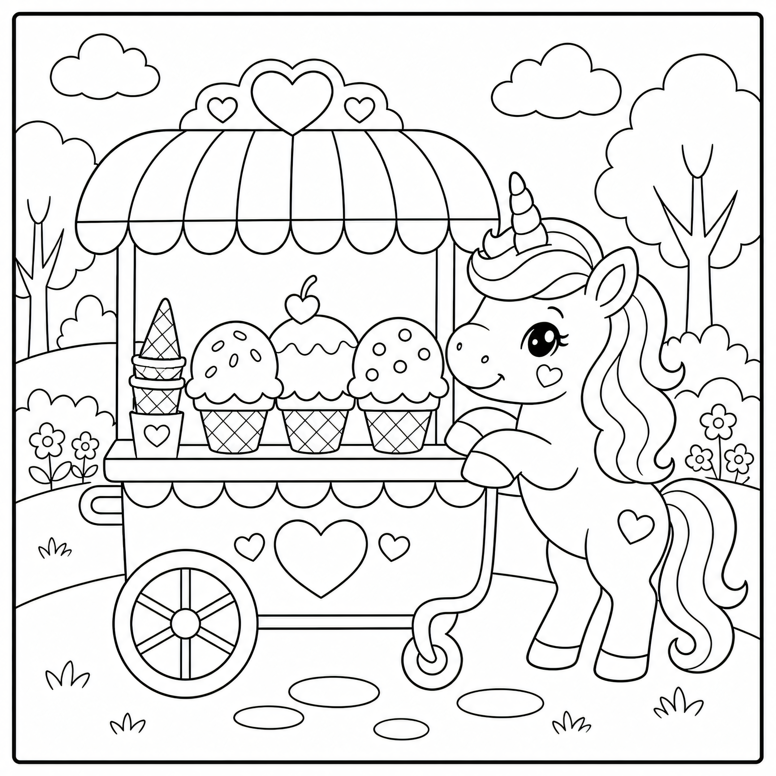 Unicorn ice cream cart coloring page