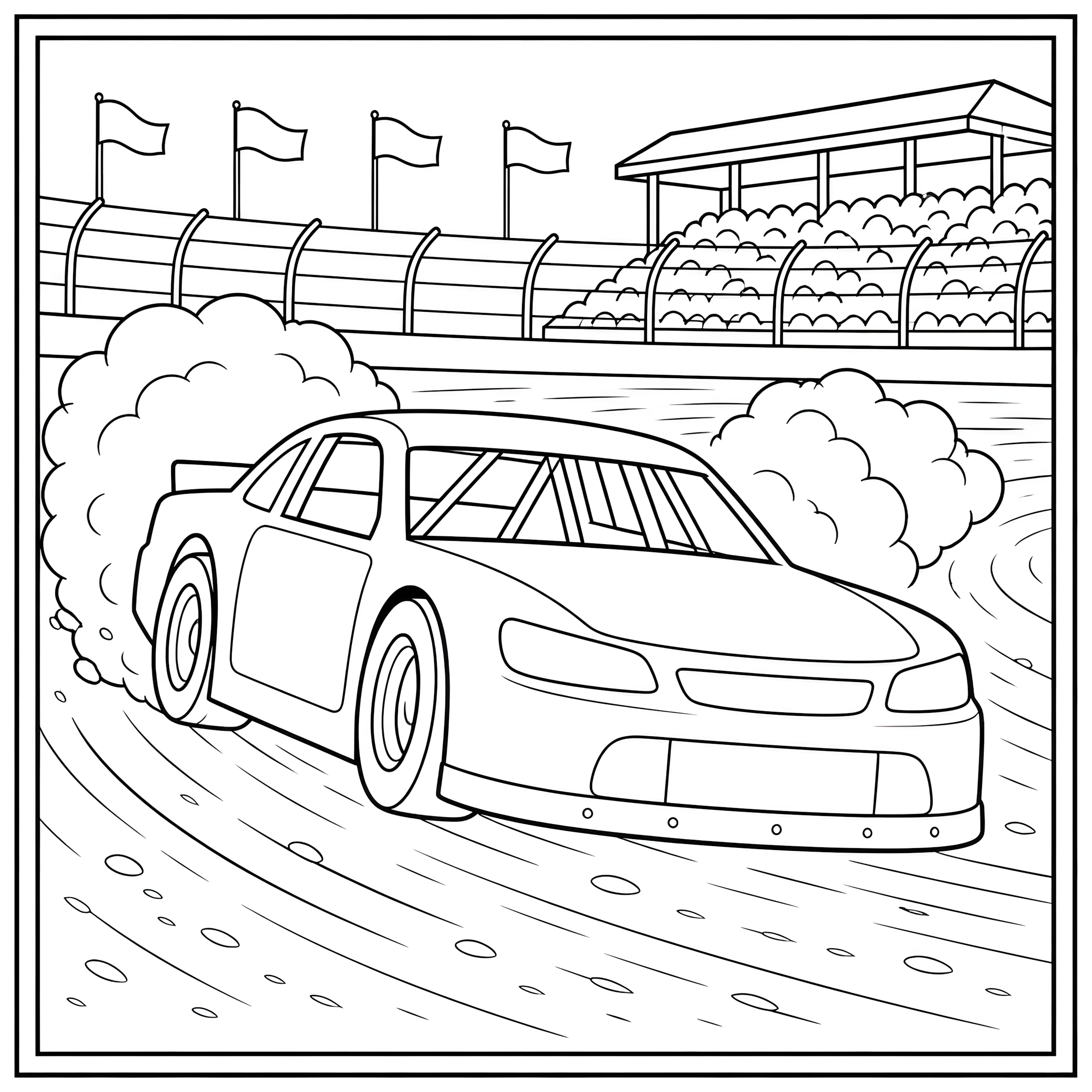 Stock race car throwing dust around a dirt oval coloring page