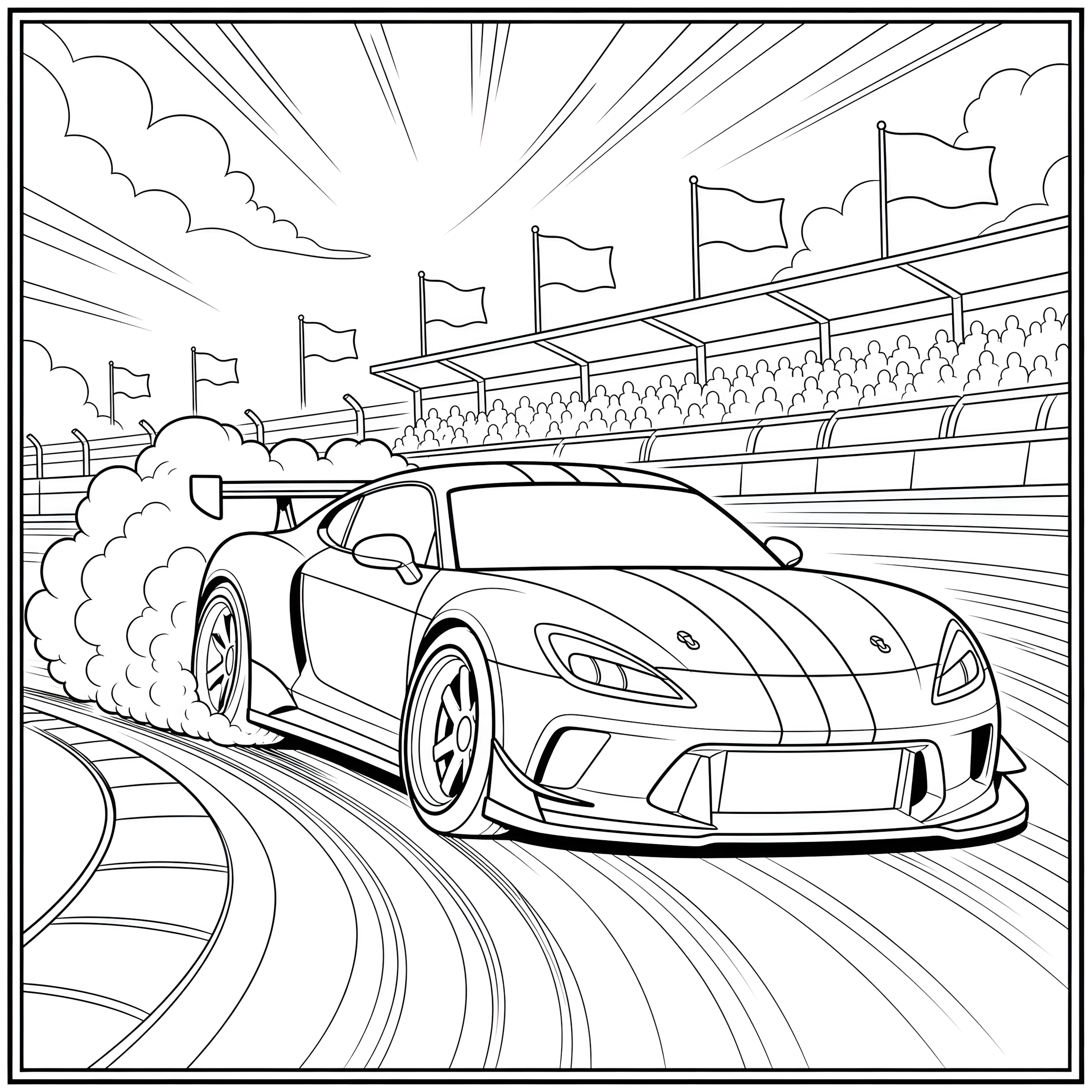 Cool race car sweeping around a track coloring page