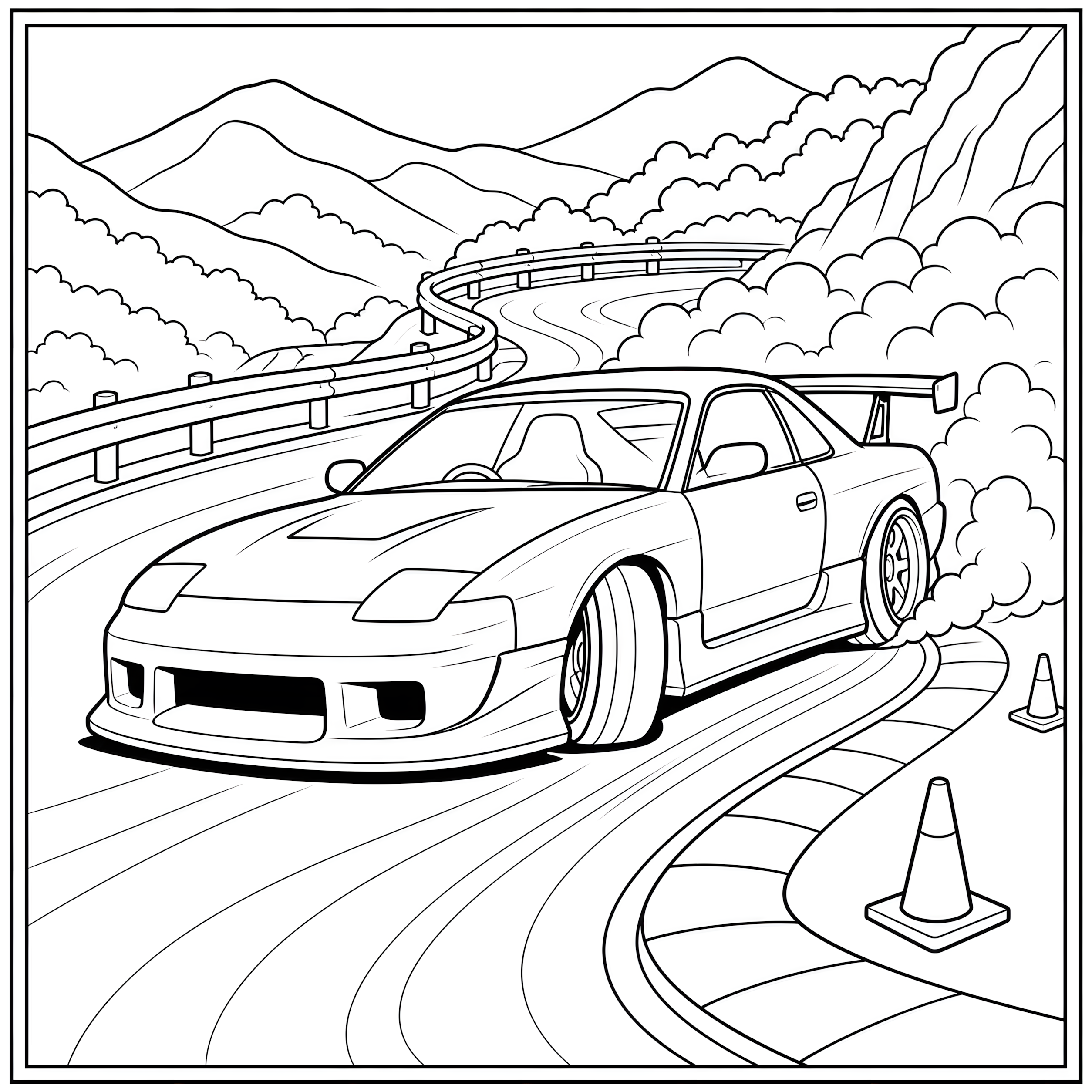 Sports race car drifting through a hairpin turn coloring page