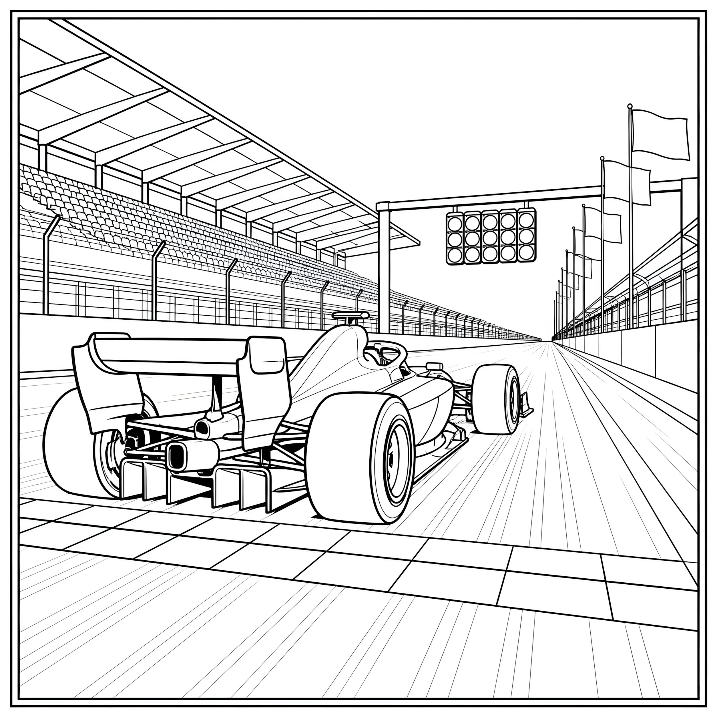 Open-wheel formula race car on the starting grid coloring page